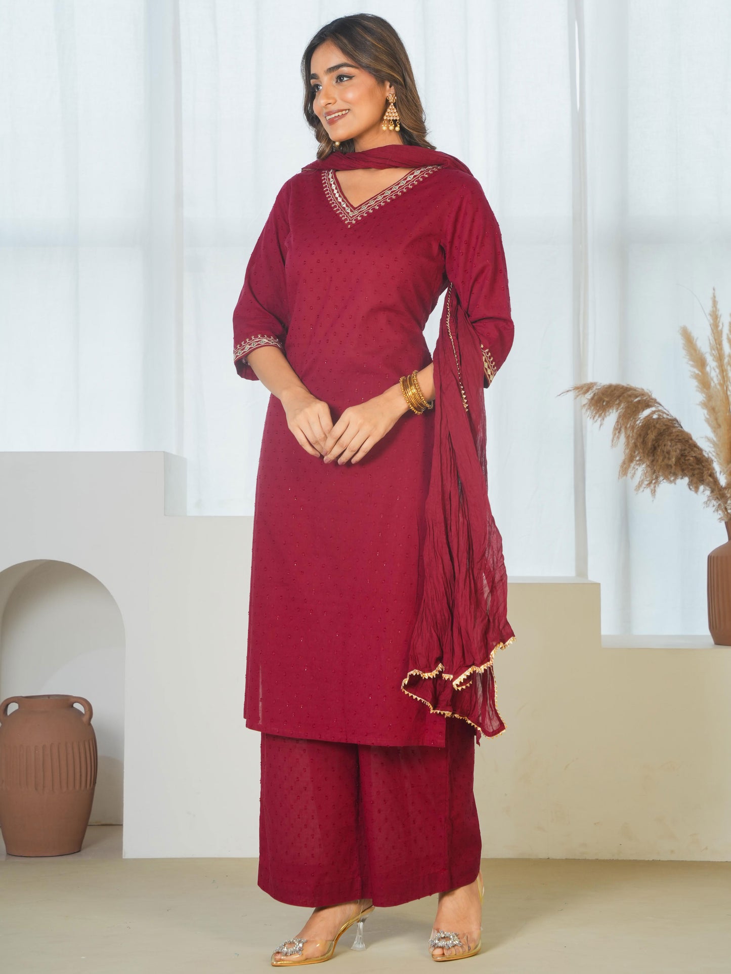 Embroidered Cotton Dobby Solid Straight Maroon Kurta