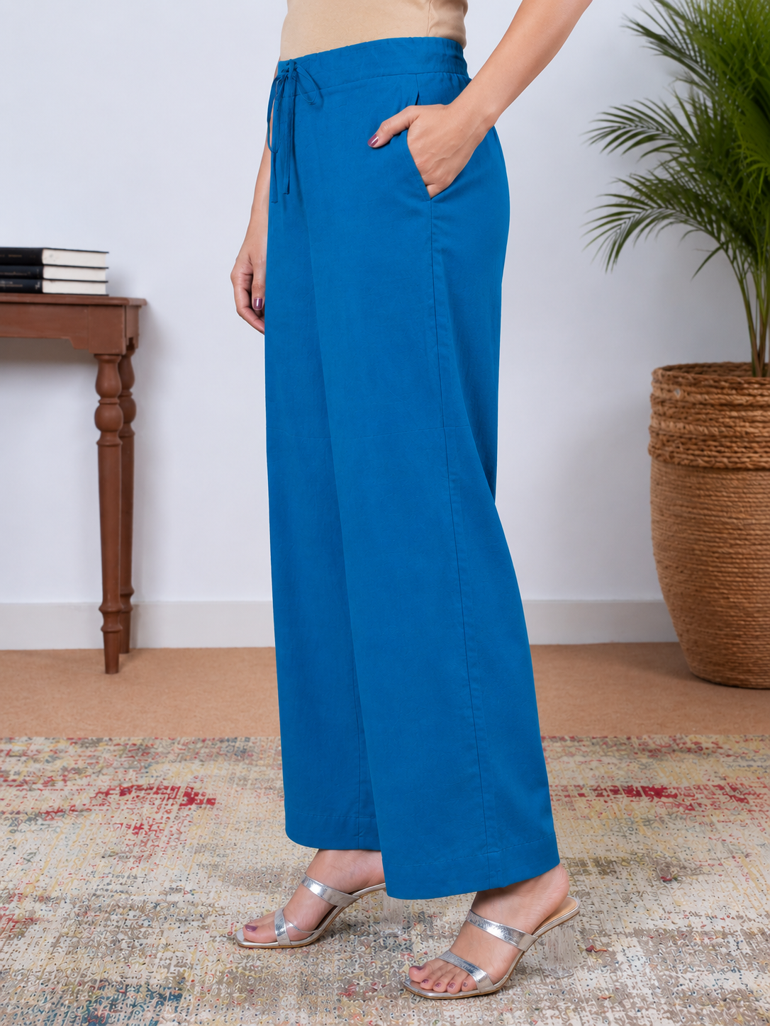 Soft Cotton Solid Blue Straight Trousers