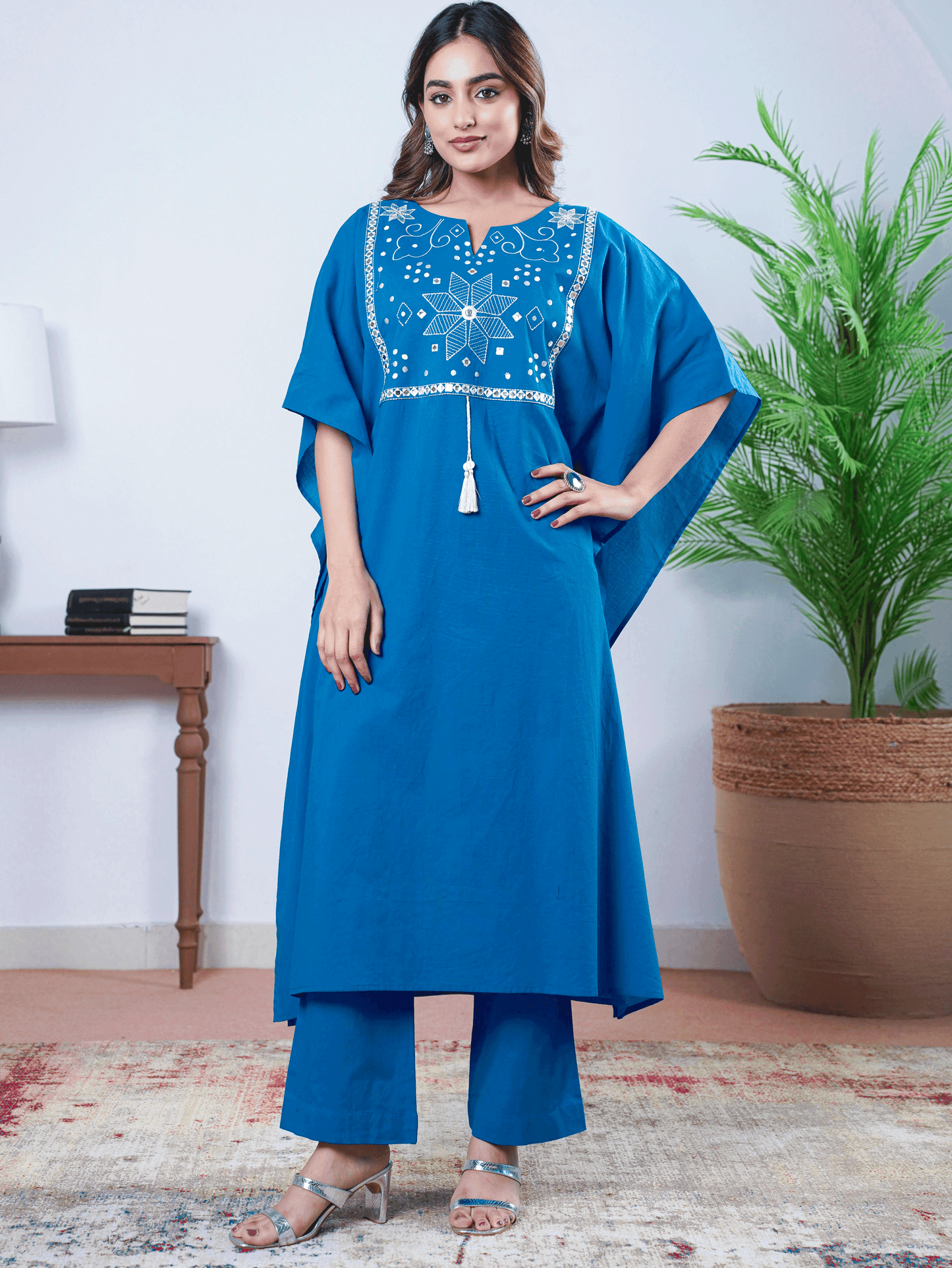 Embroidered Soft Cotton Solid Kaftan Blue Kurta