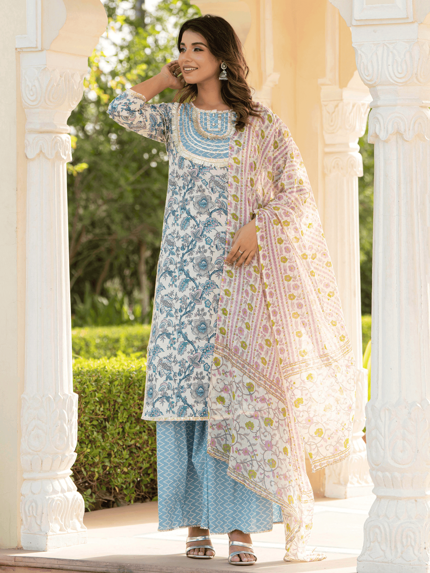 Voile Cotton Geometric Blue Dupatta