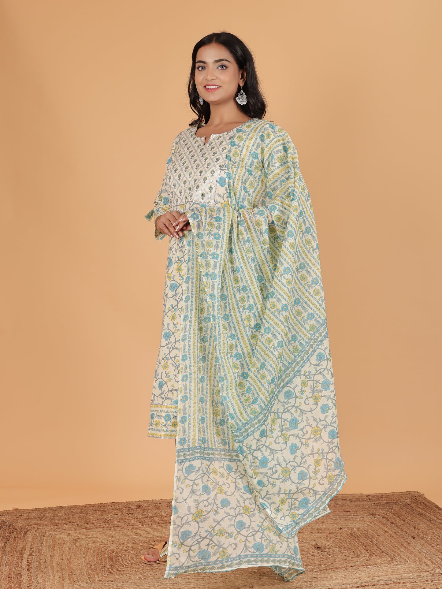 Voile Cotton Floral Cream Dupatta