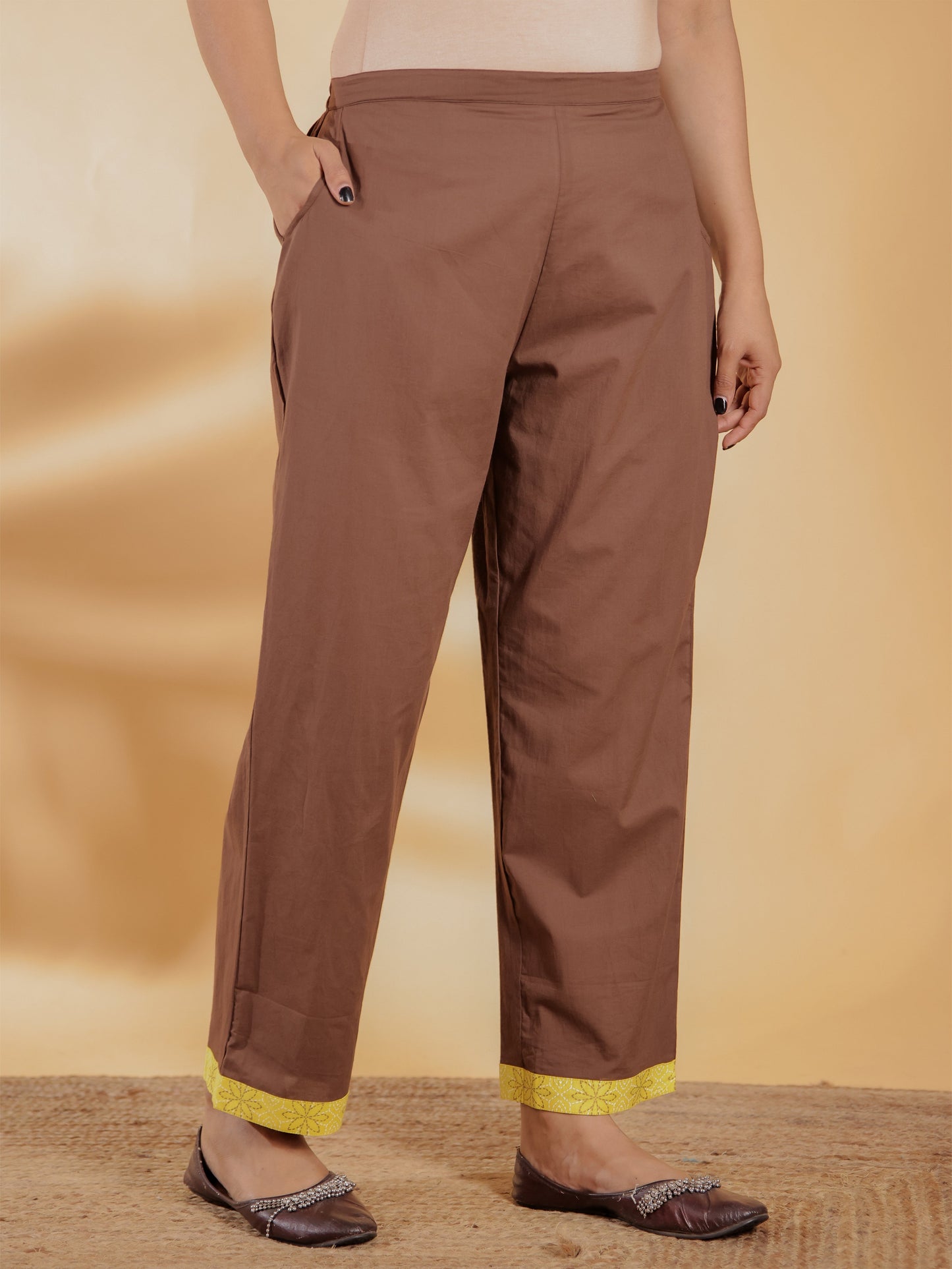 Soft Cotton Solid Brown Straight Trousers