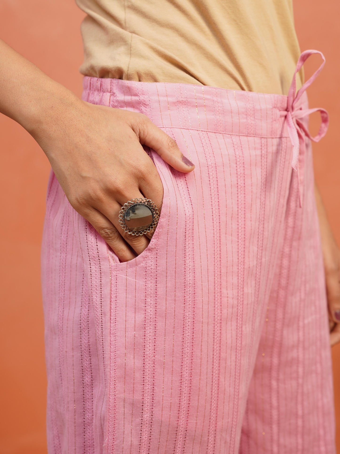 Lurex Dobby Cotton Solid Pink Straight Trousers
