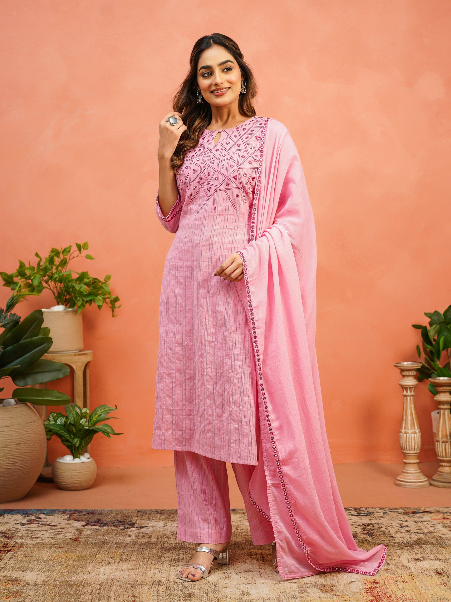 Embroidered Cotton Voile Solid Pink Dupatta