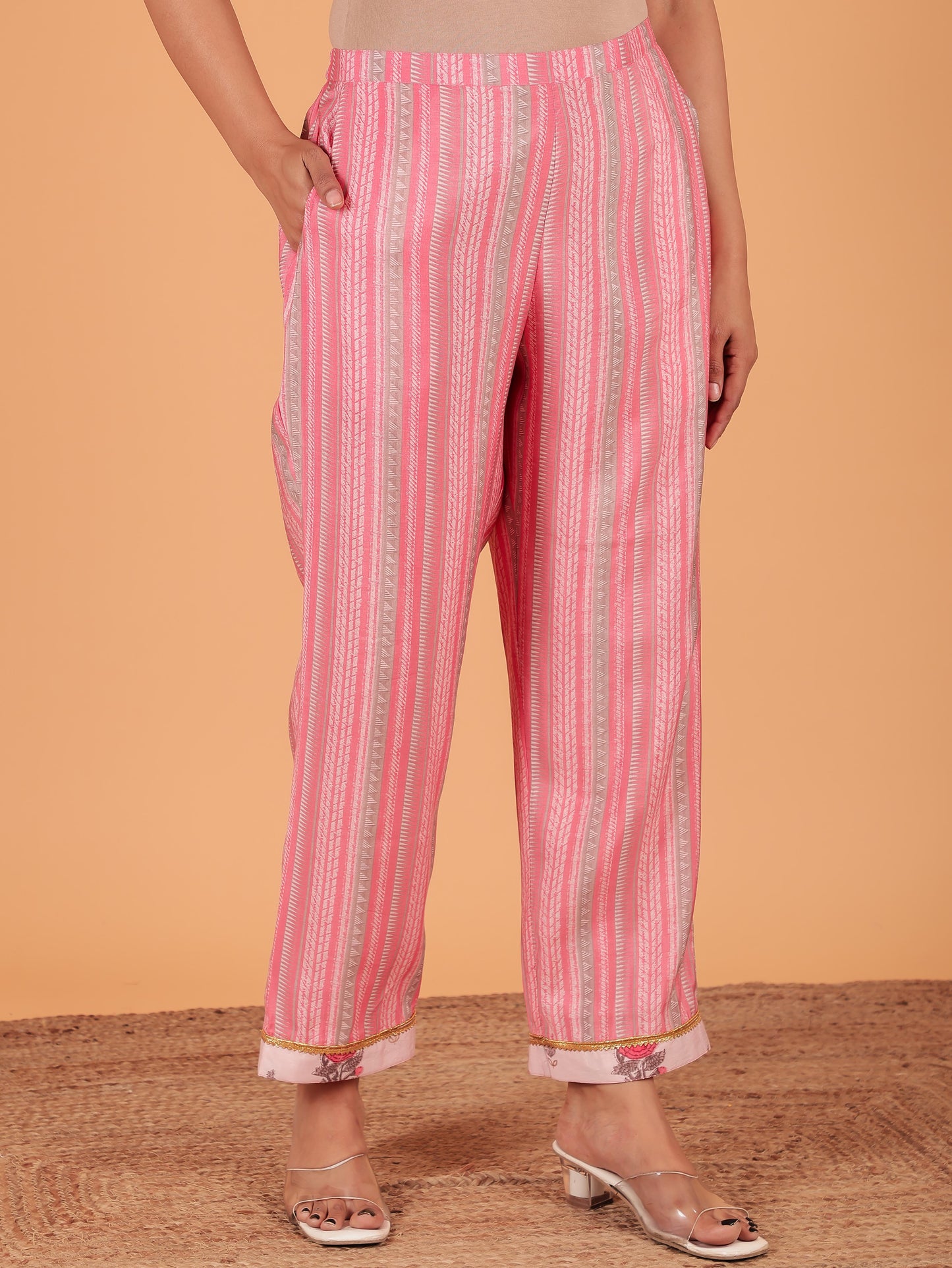 Muslin Striped Pink Straight Trousers