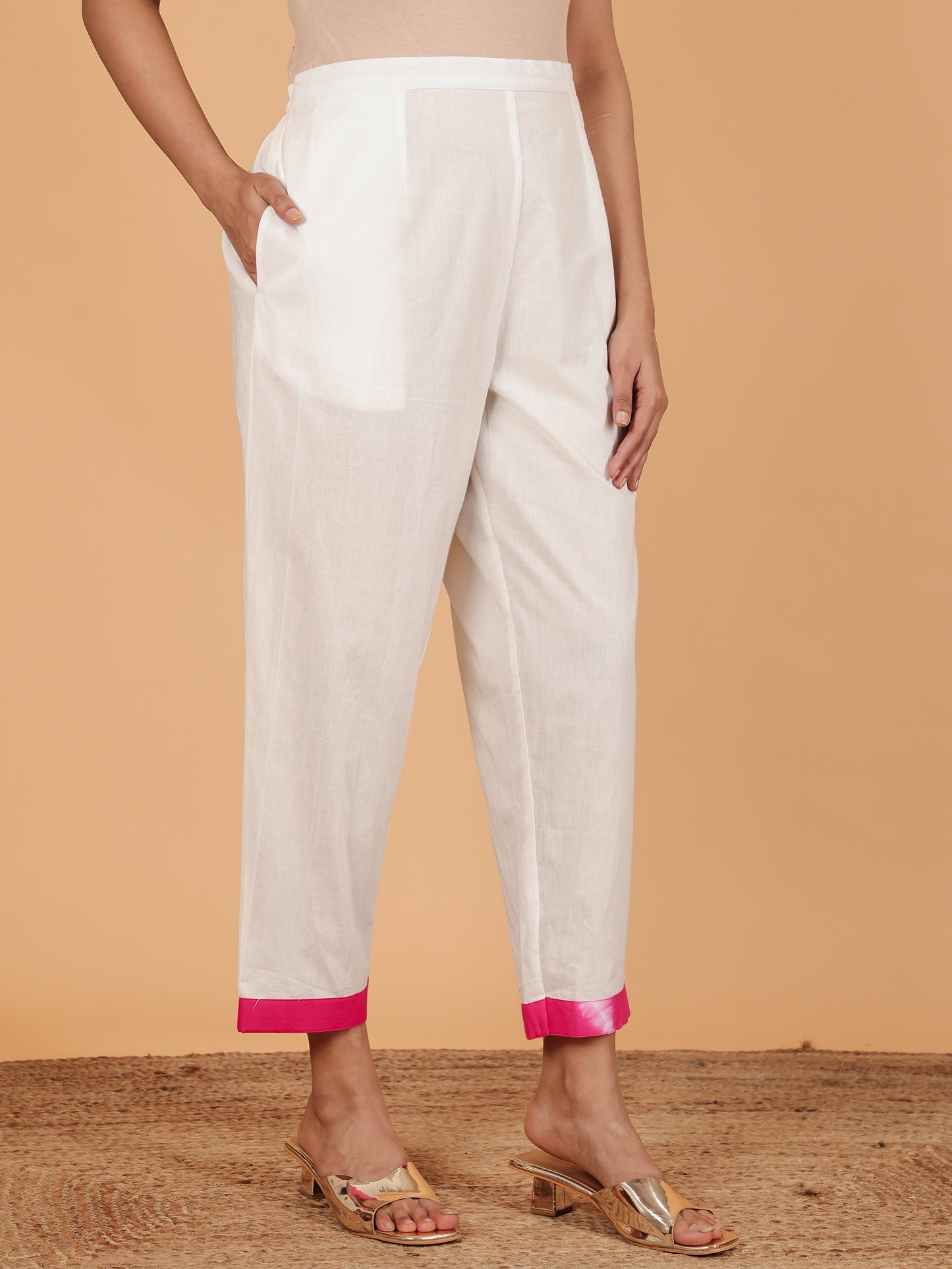 Soft Cotton Solid White Tapered Trousers