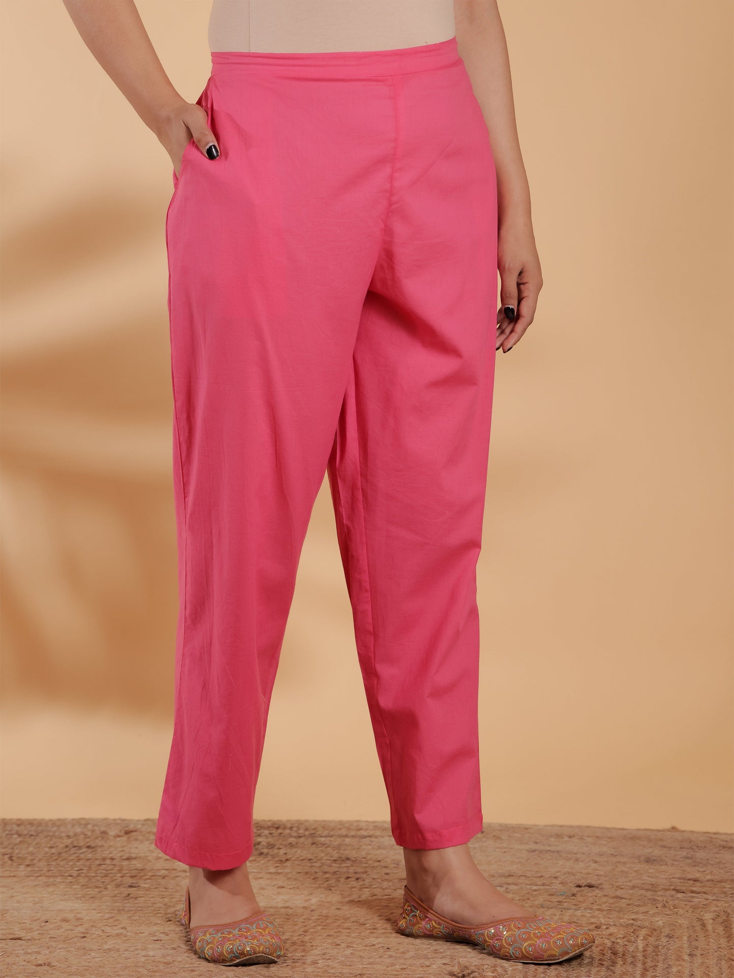 Soft Cotton Solid Pink Tapered Trousers