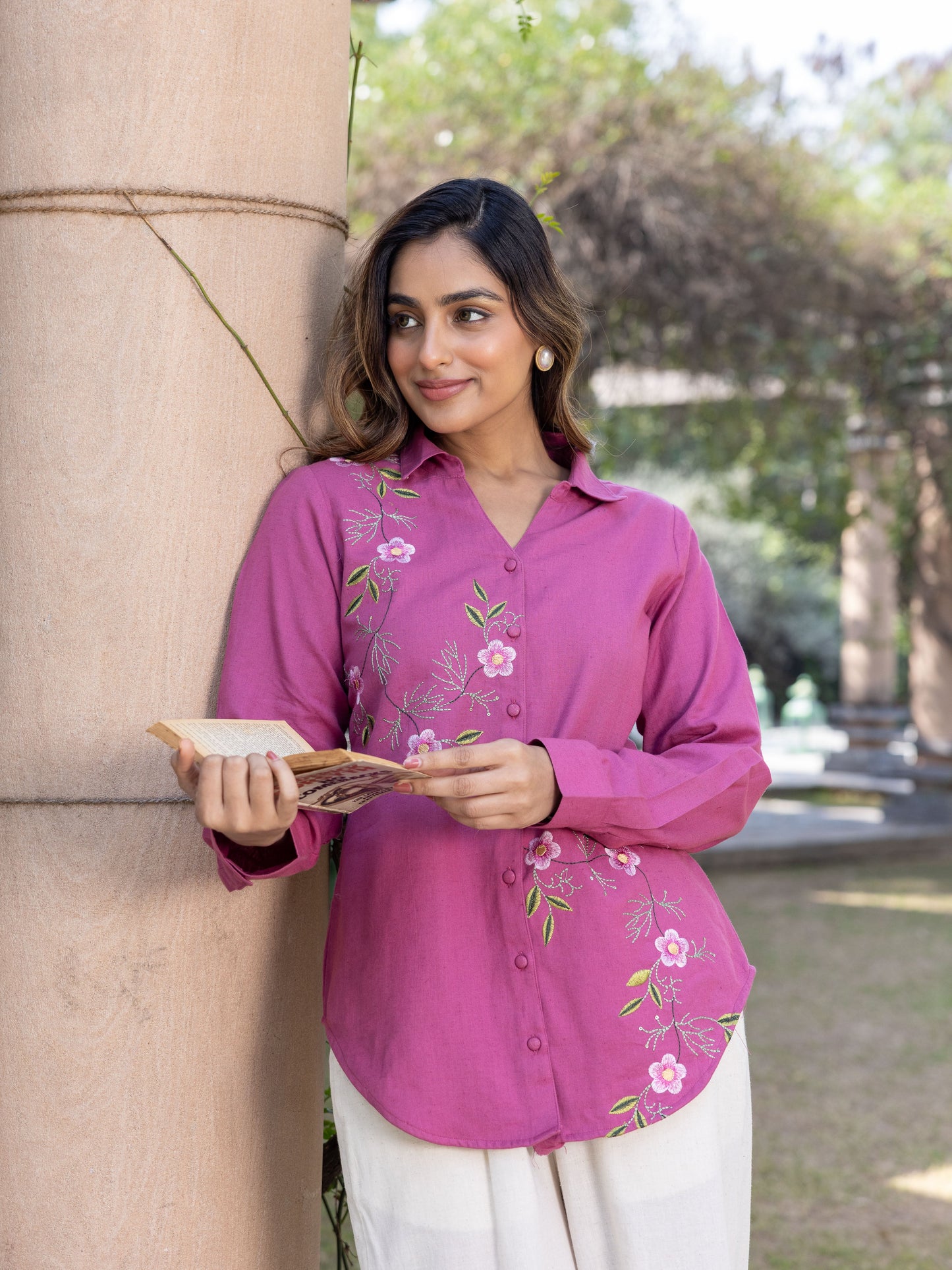 Embroidered Linen Cotton Solid Straight Purple Top