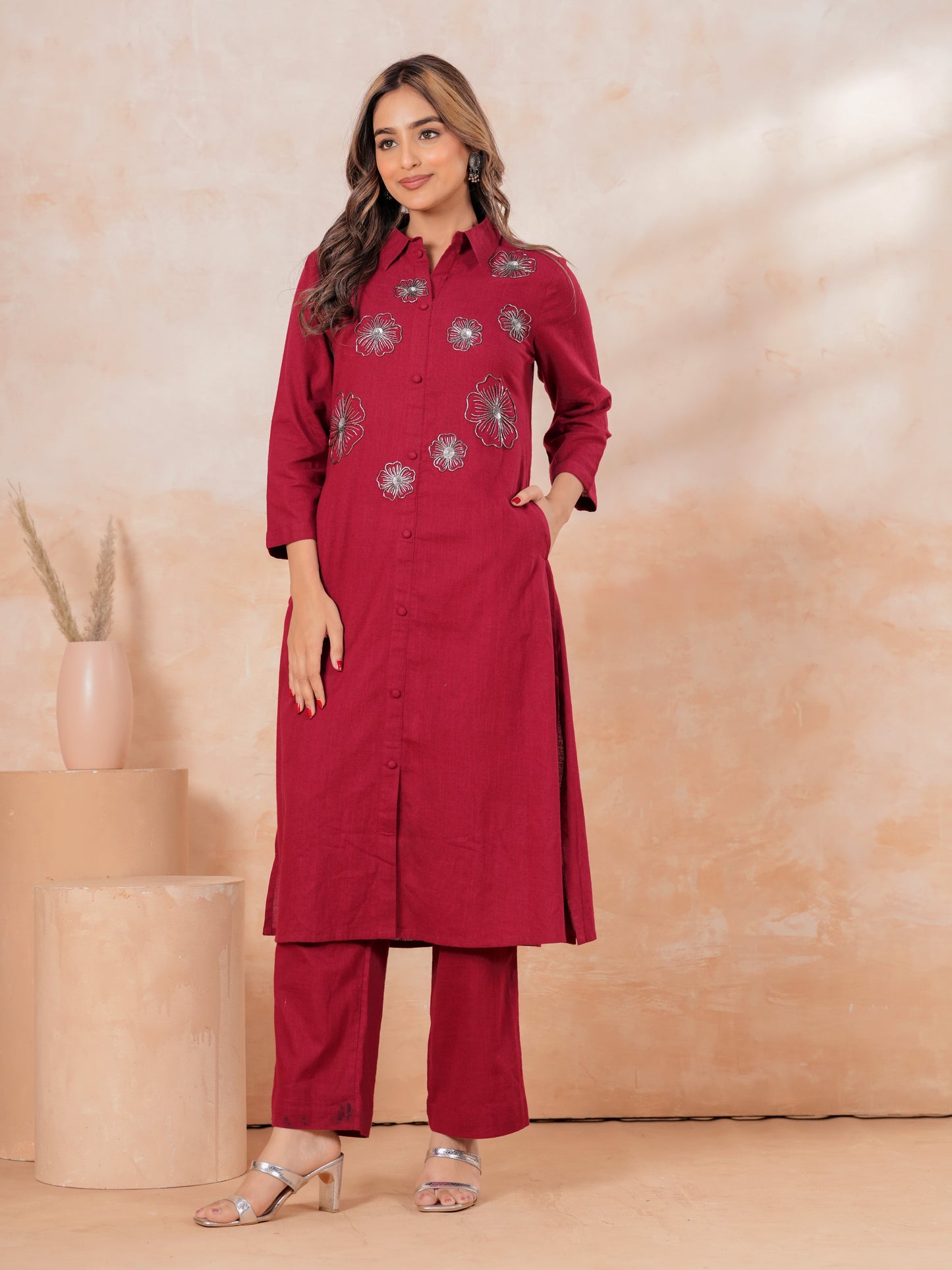 Embroidered Linen Cotton Solid High Low Maroon Kurta
