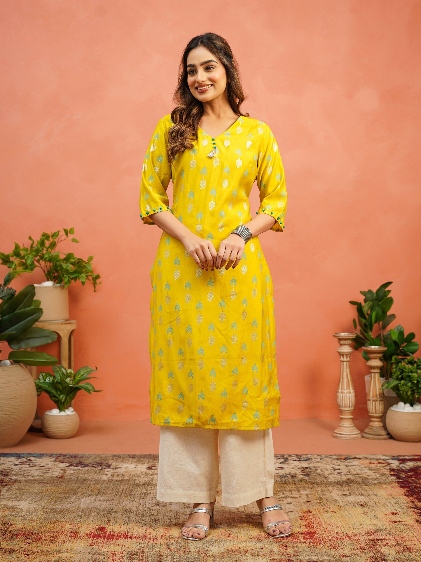 Chanderi Geometric Straight Yellow Kurta