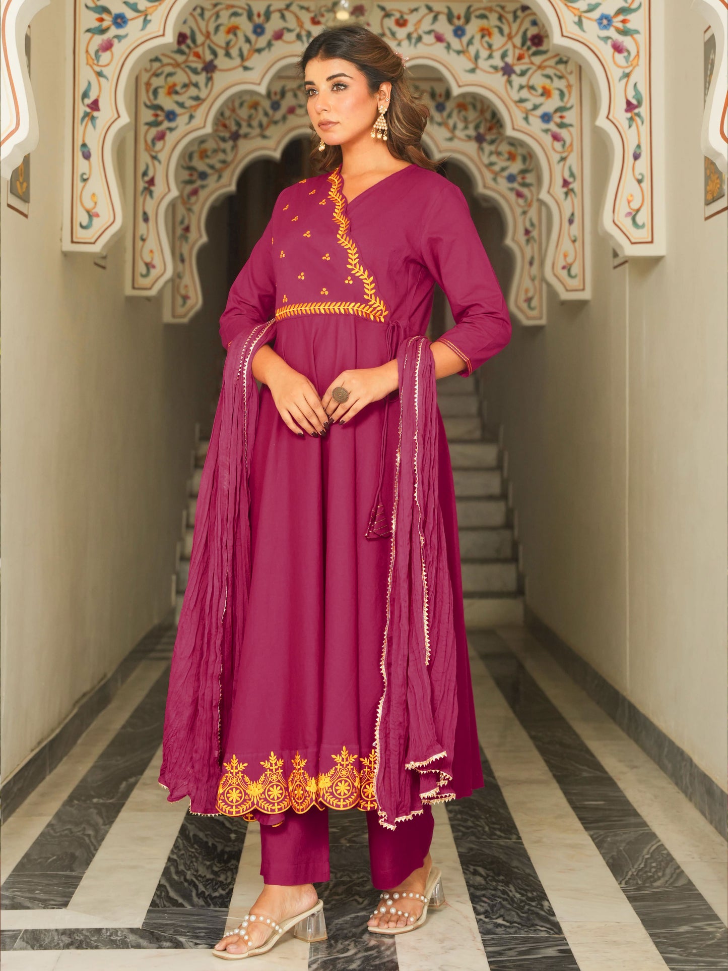 Embroidered Soft Cotton Solid Anarkali Pink Kurta