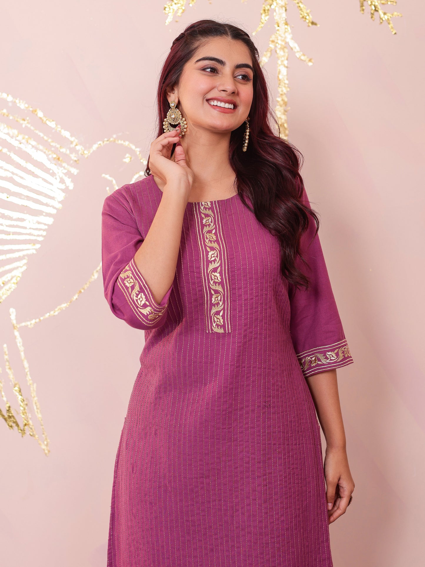 Embroidered Soft Cotton Solid Straight Purple Kurta