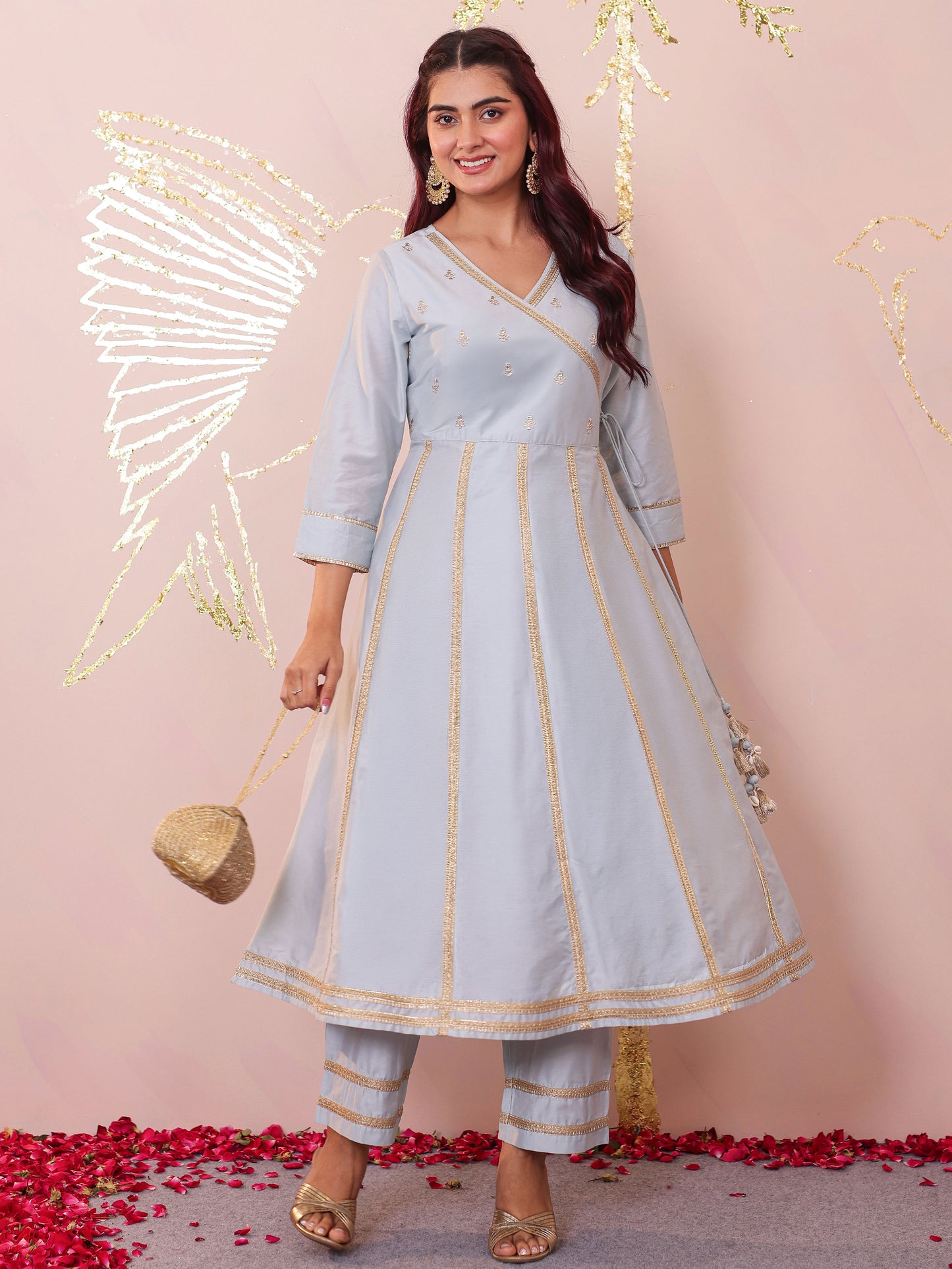 Embroidered Blended Silk Solid Flared Sky Blue Kurta