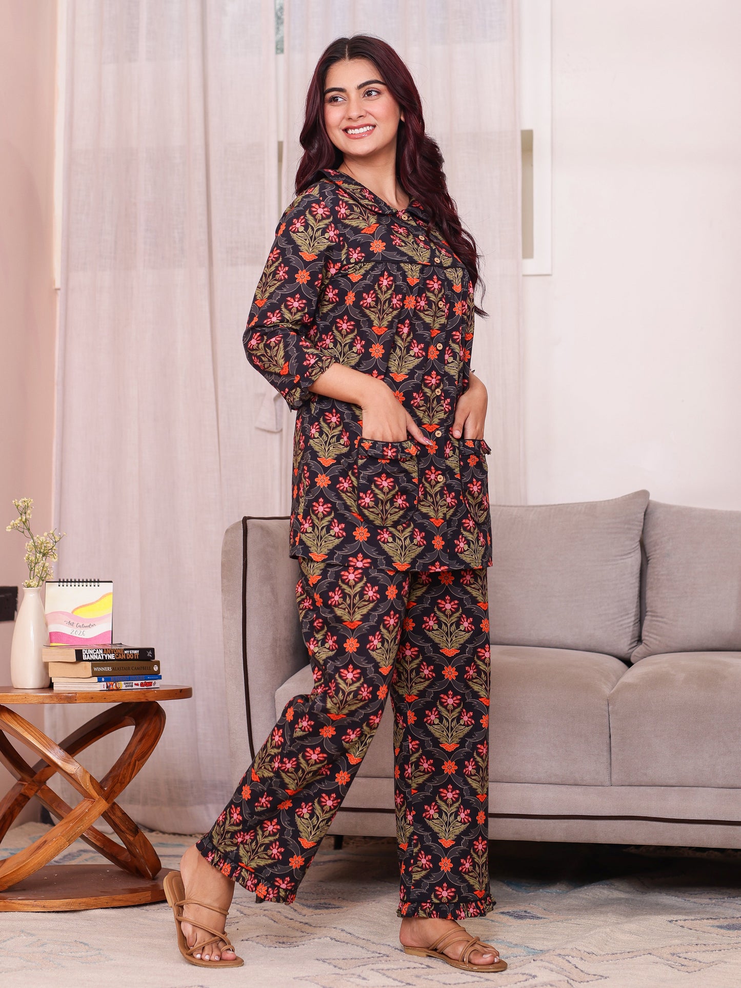 Soft Cotton Floral Straight Black Kurta
