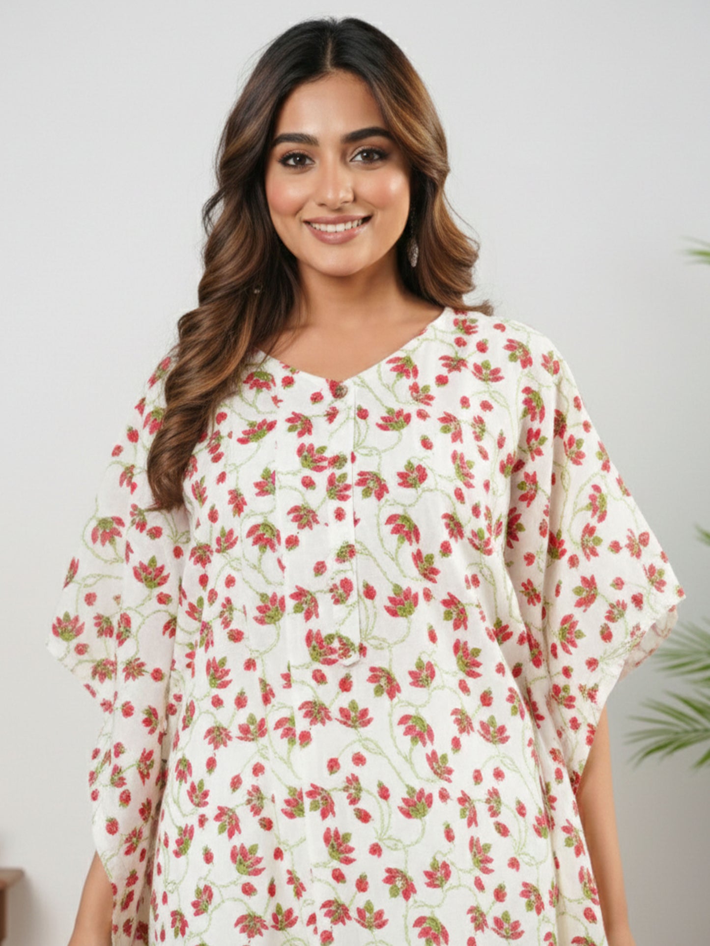 Soft Cotton Floral Kaftan White Kurta
