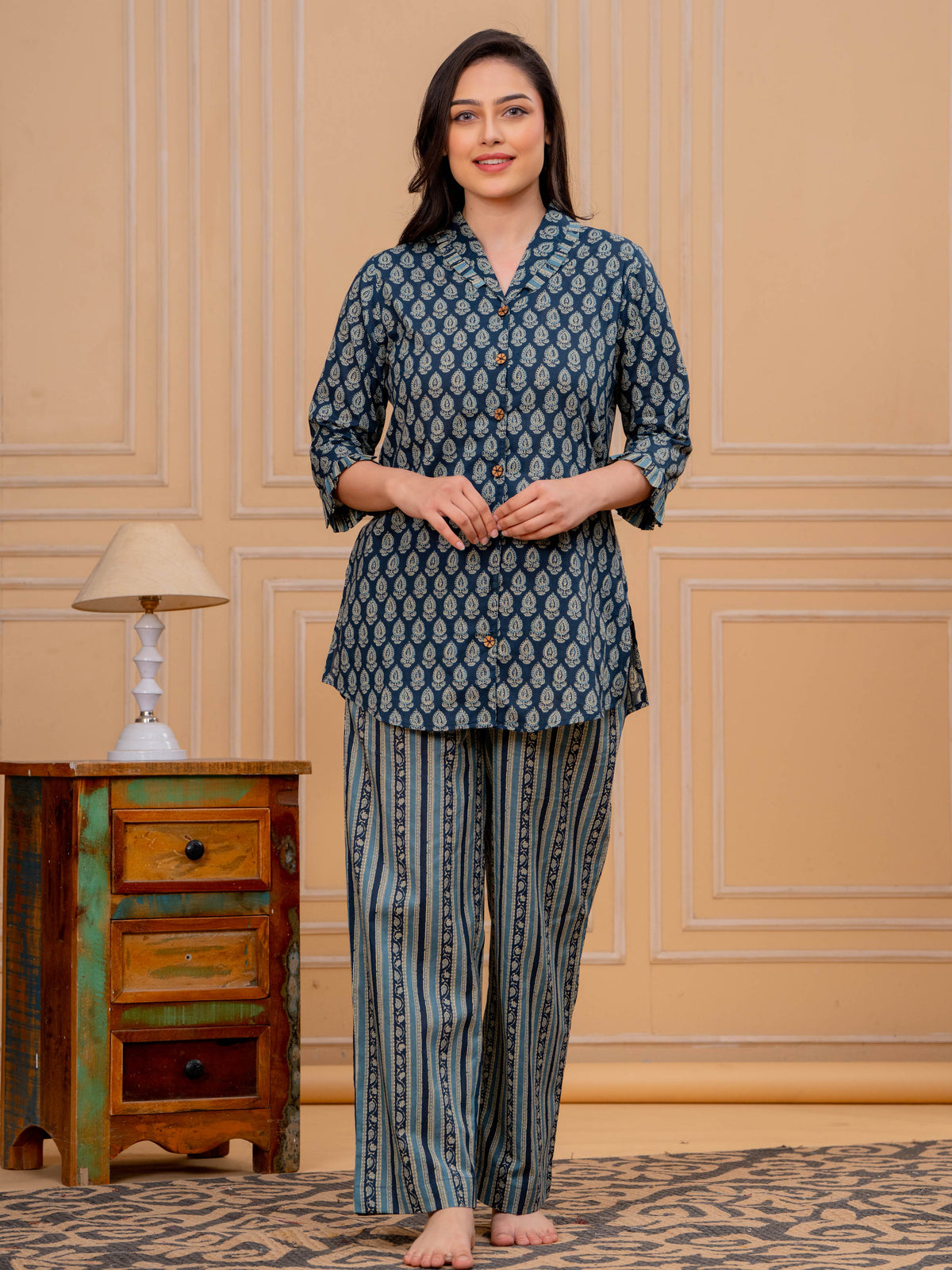 Soft Cotton Butti Straight Blue Top