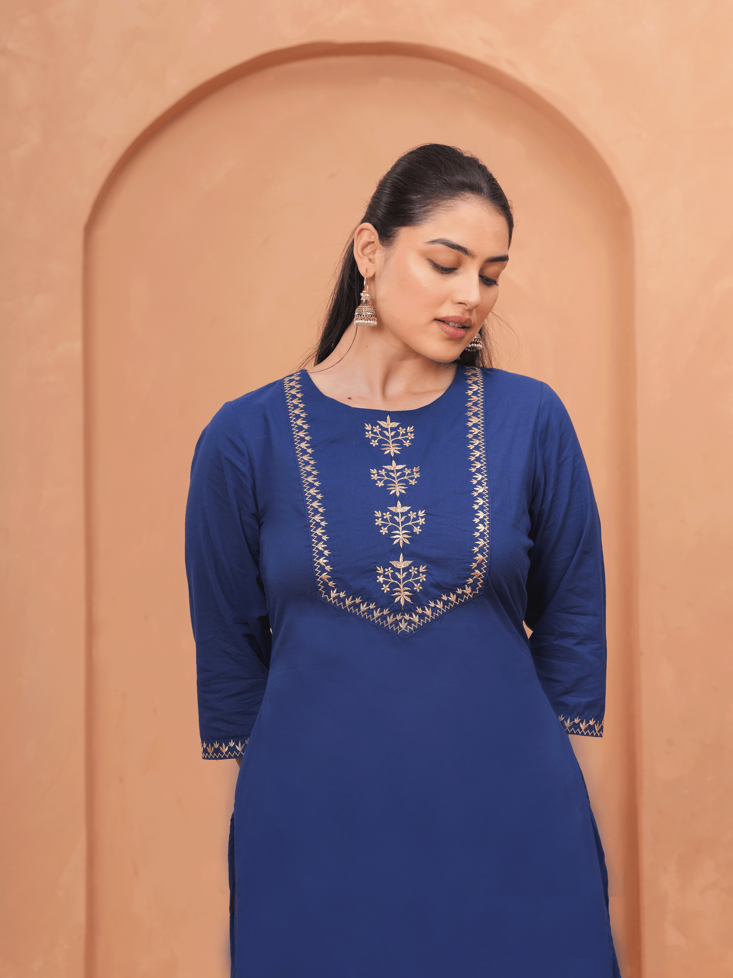 Embroidered Soft Cotton Solid Straight Navy Blue Kurta