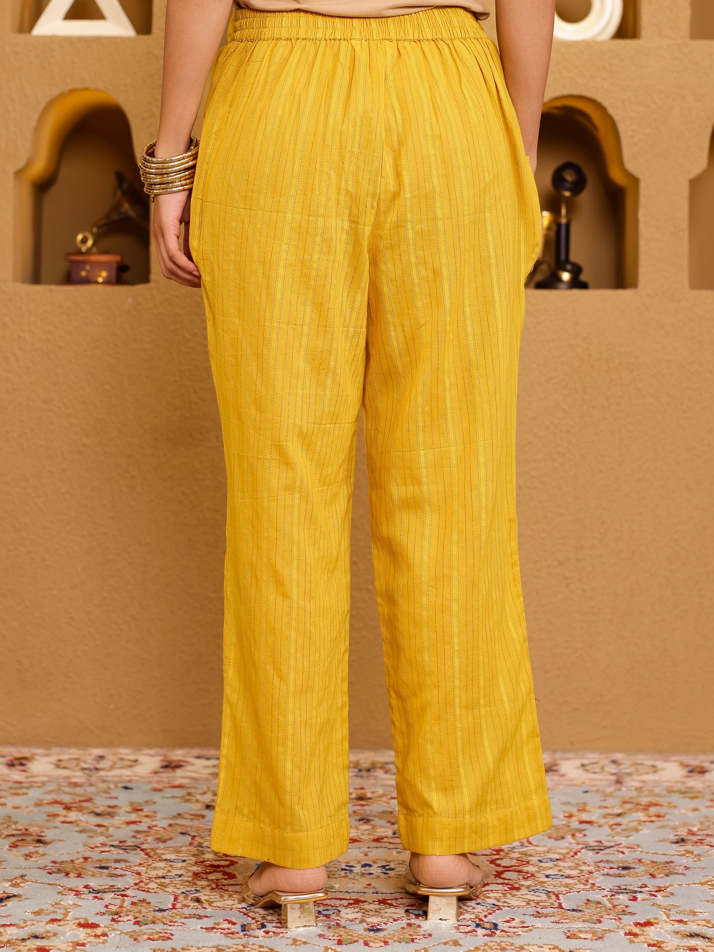 Lurex Cotton Solid Yellow Straight Trousers