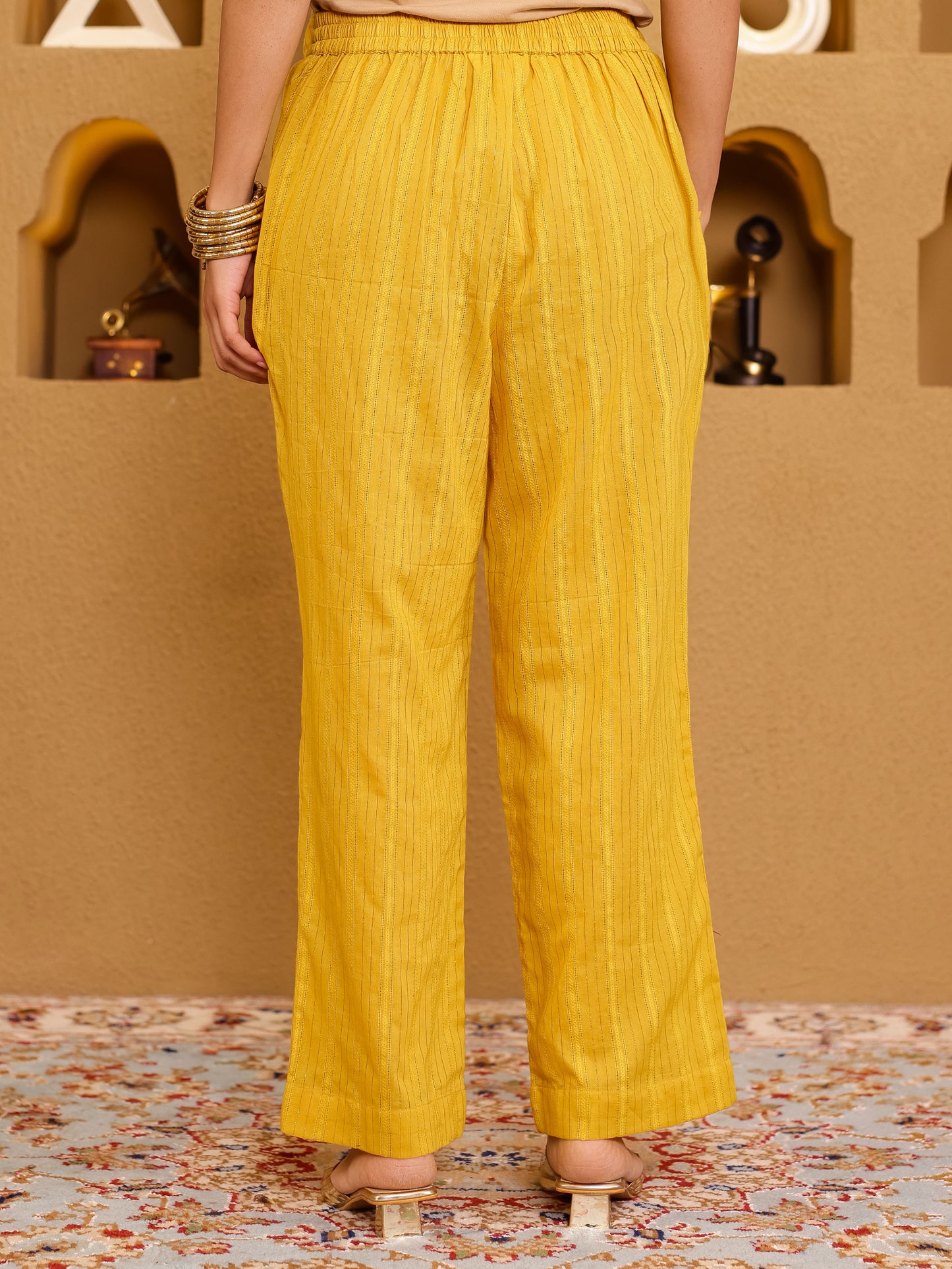 Embroidered Lurex Cotton Solid Yellow Kurta