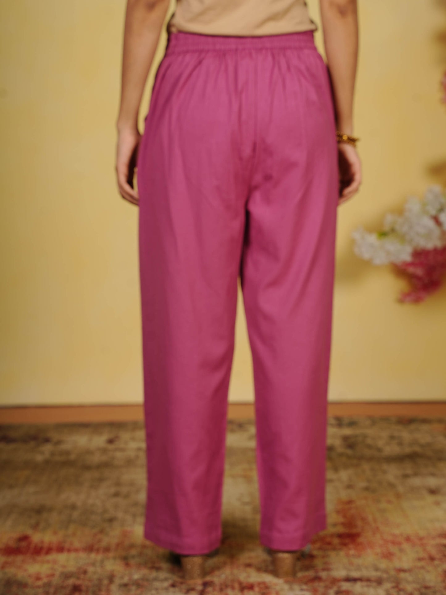 Linen Cotton Solid Pink Straight Trousers