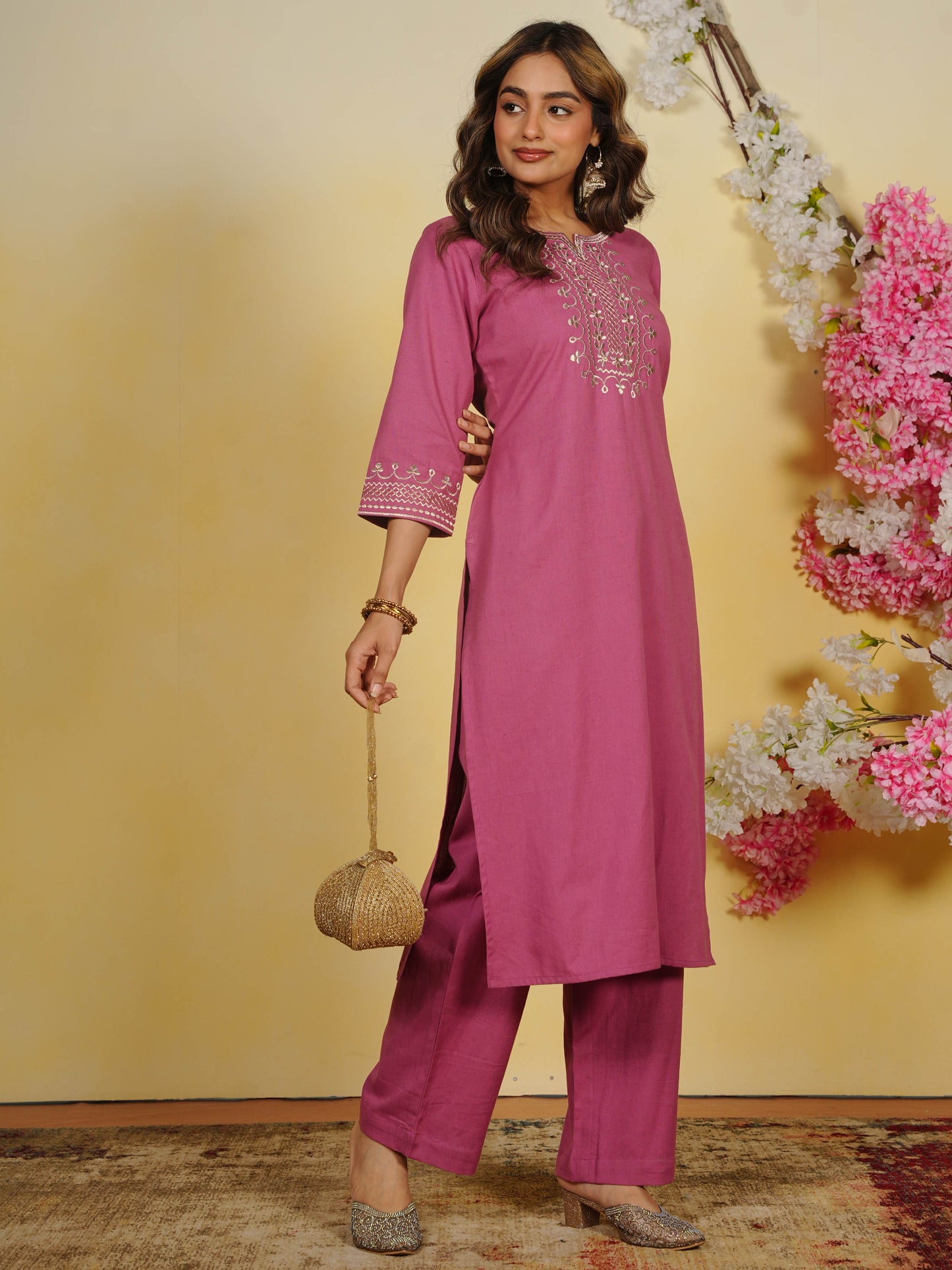 Embroidered Linen Cotton Solid Straight Pink Kurta