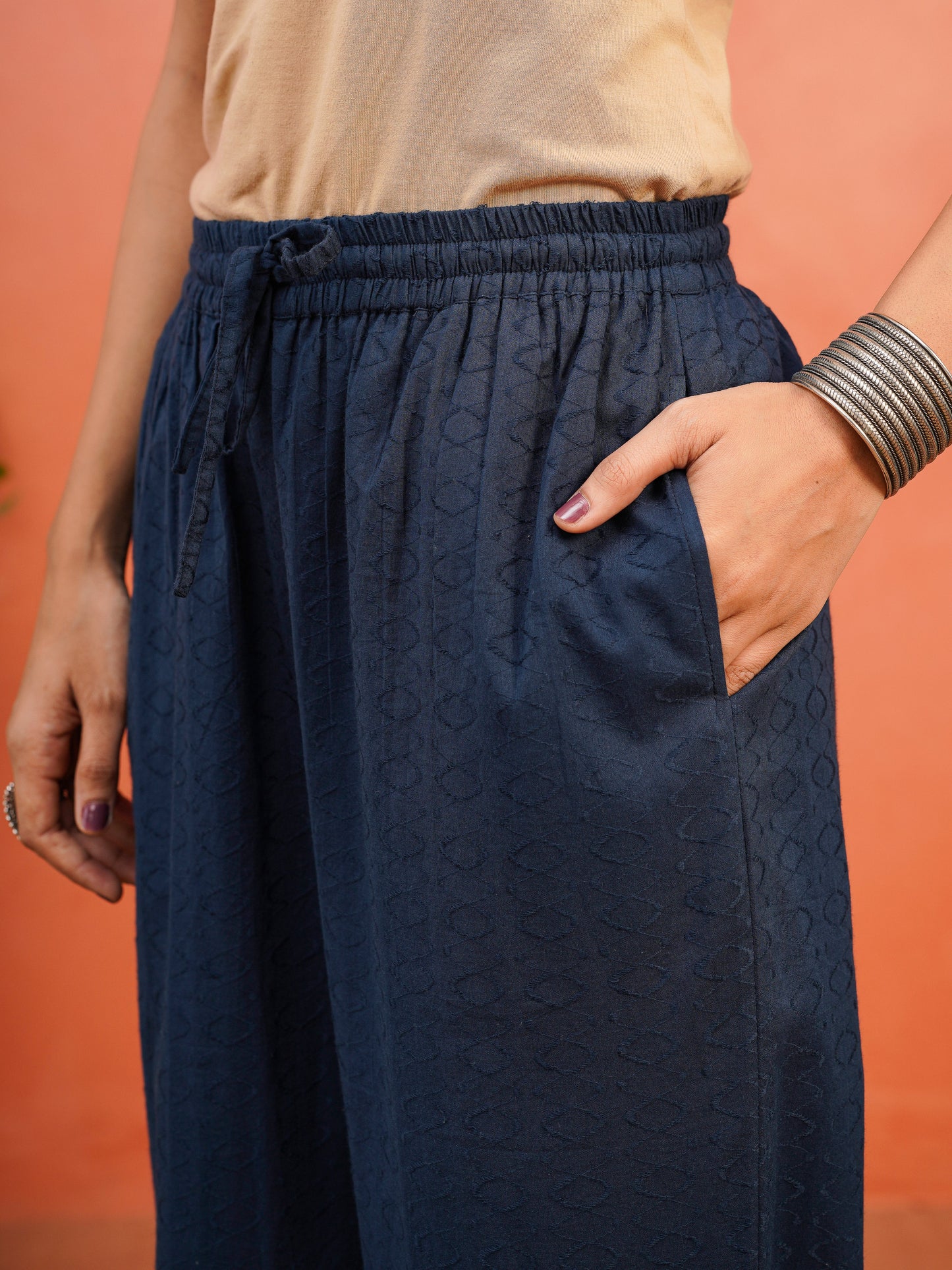 Embroidered Cotton Jacquard Solid Flared Blue Kurta