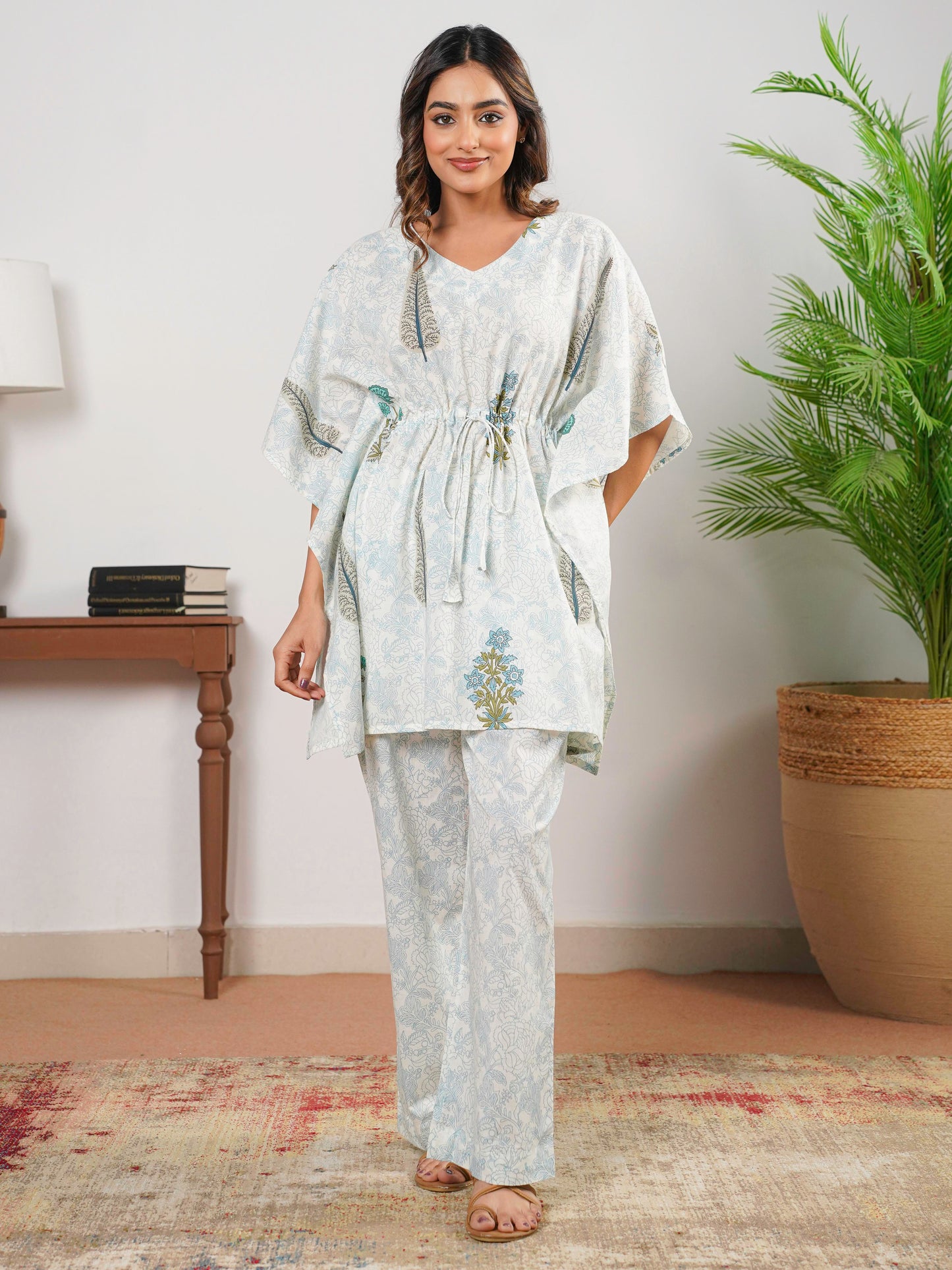 Soft Cotton Mughal Print Kaftan White Kurta