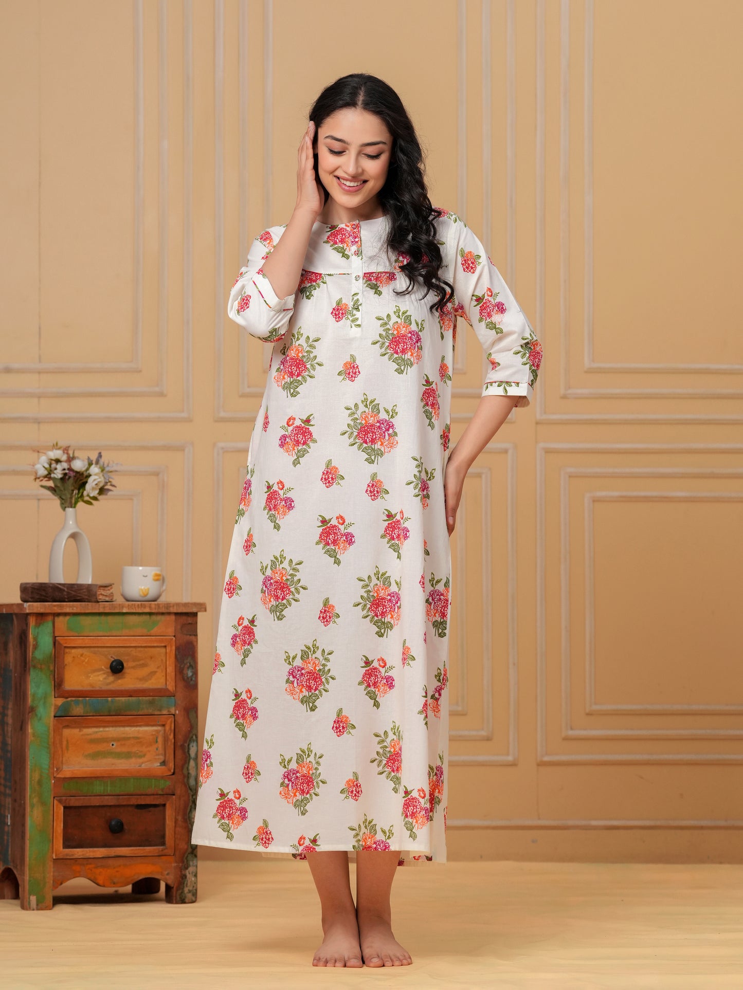 Linen Cotton Floral Straight Off White Nighty