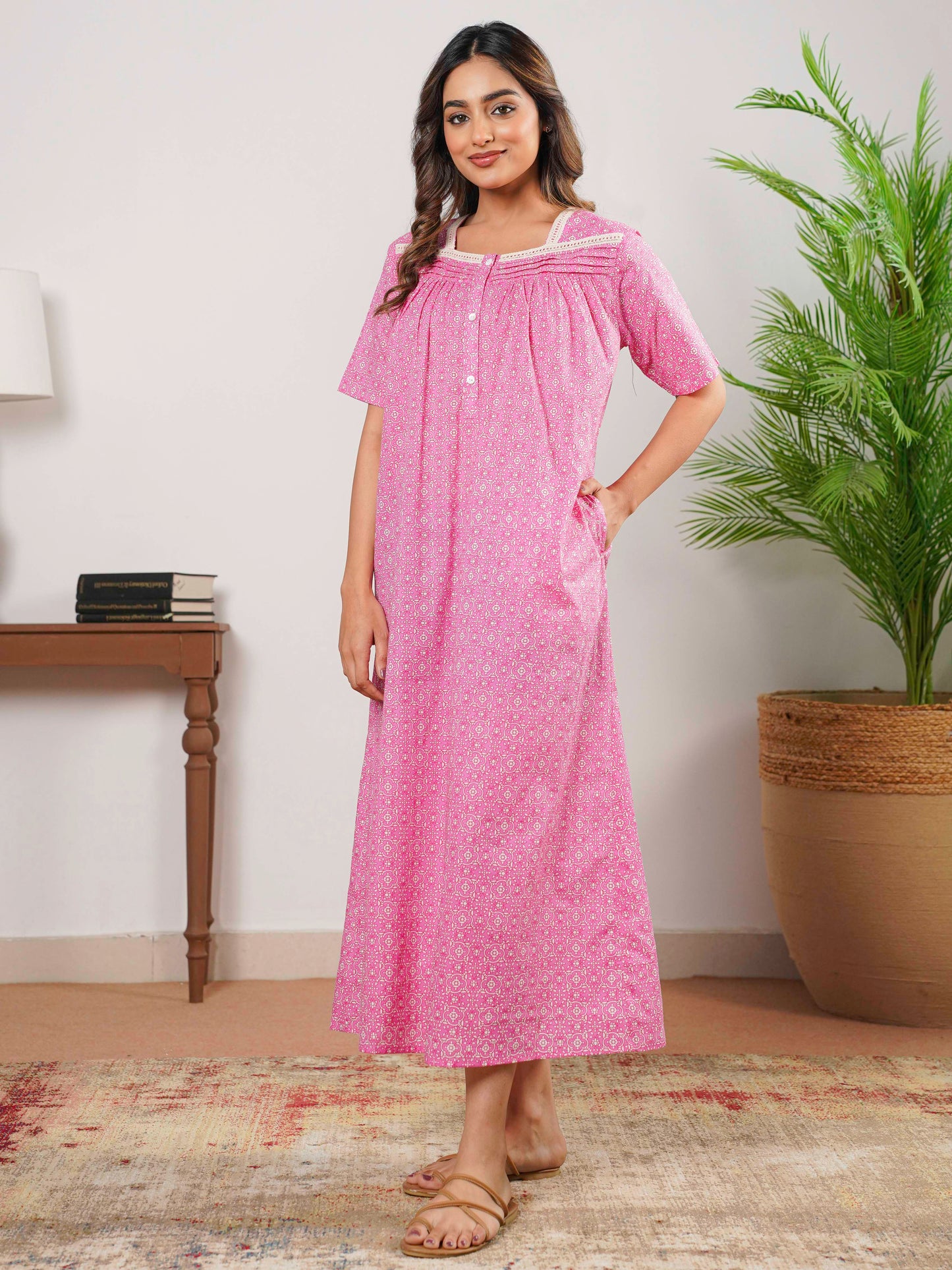 Soft Cotton Geometric Anarkali Pink Dress