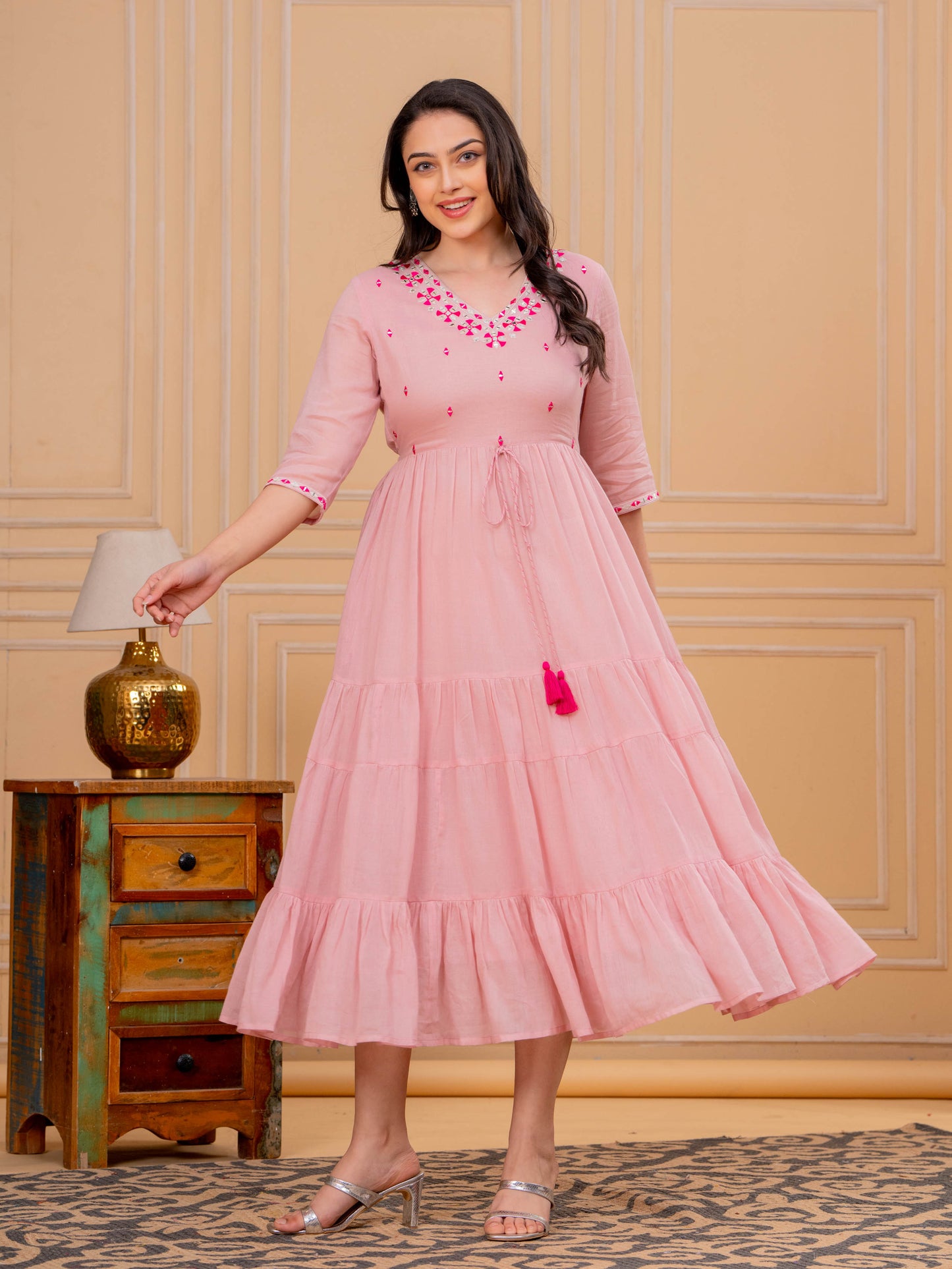 Embroidered Cotton Voile Solid Tiered Pink Dress
