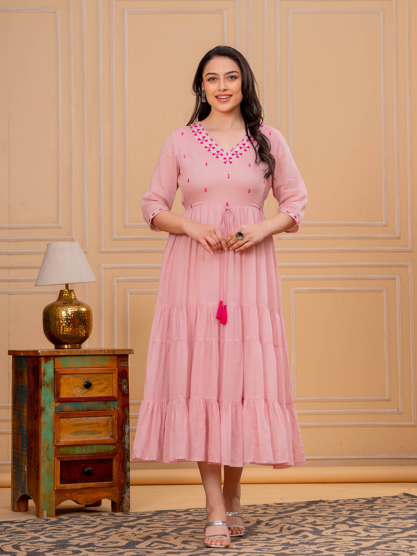 Embroidered Cotton Voile Solid Tiered Pink Dress