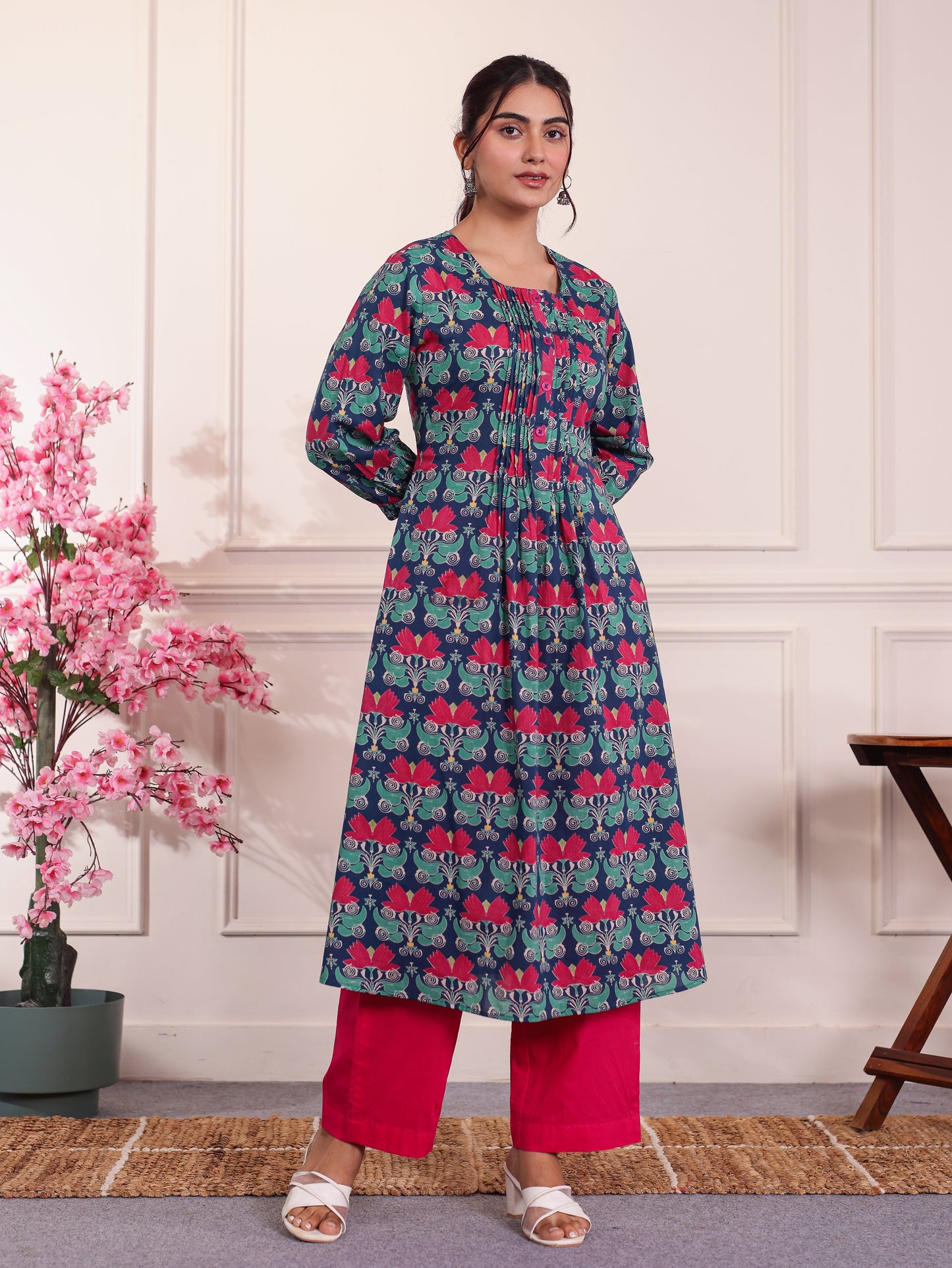 Soft Cotton Floral Flared Blue Kurta