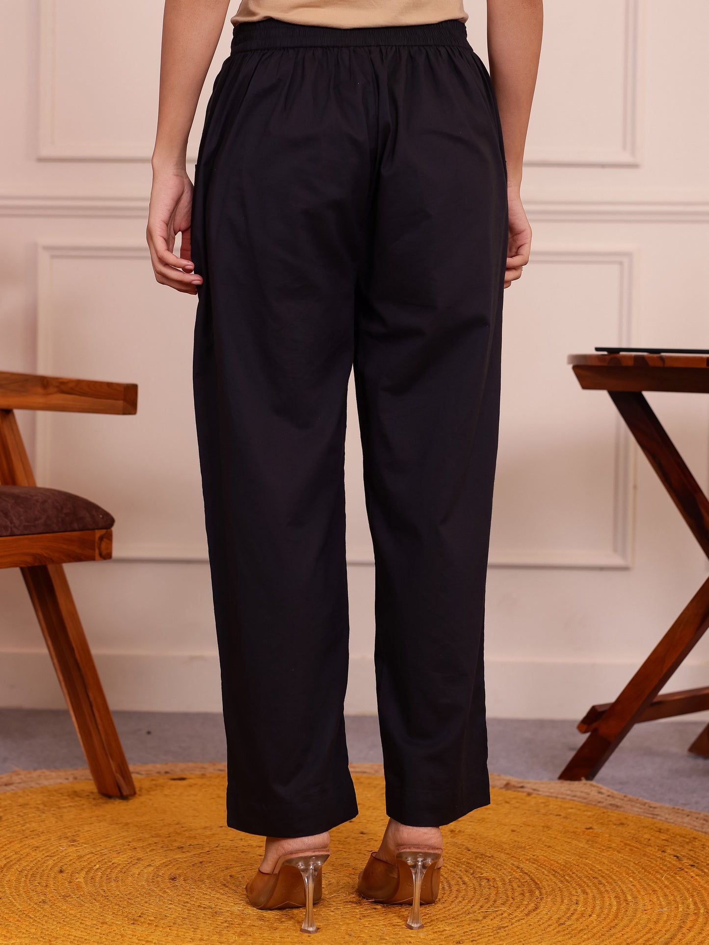 Soft Cotton Solid Black Trousers Tapered Trousers