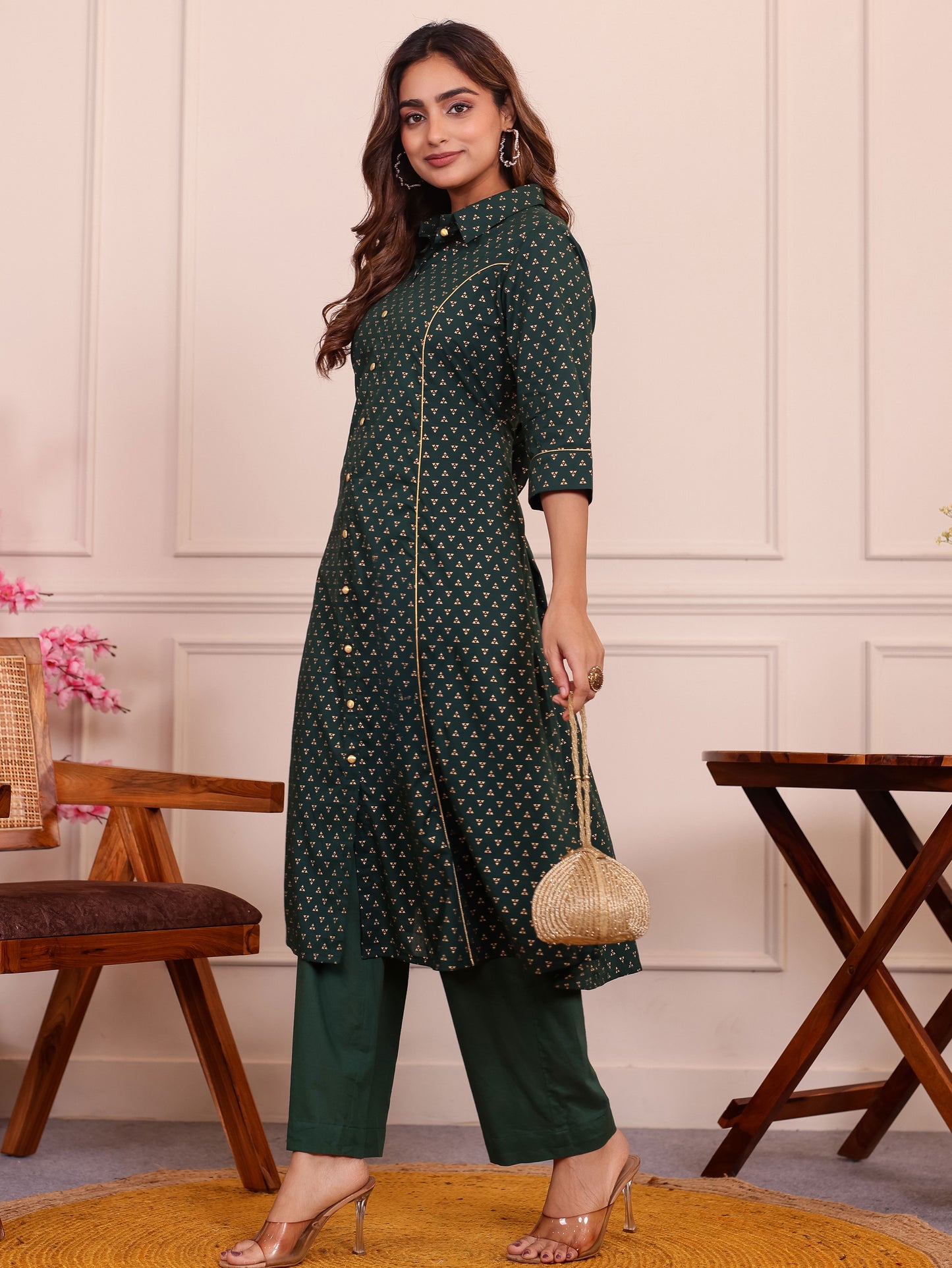Soft Cotton Gold foil Flared Green Kurta