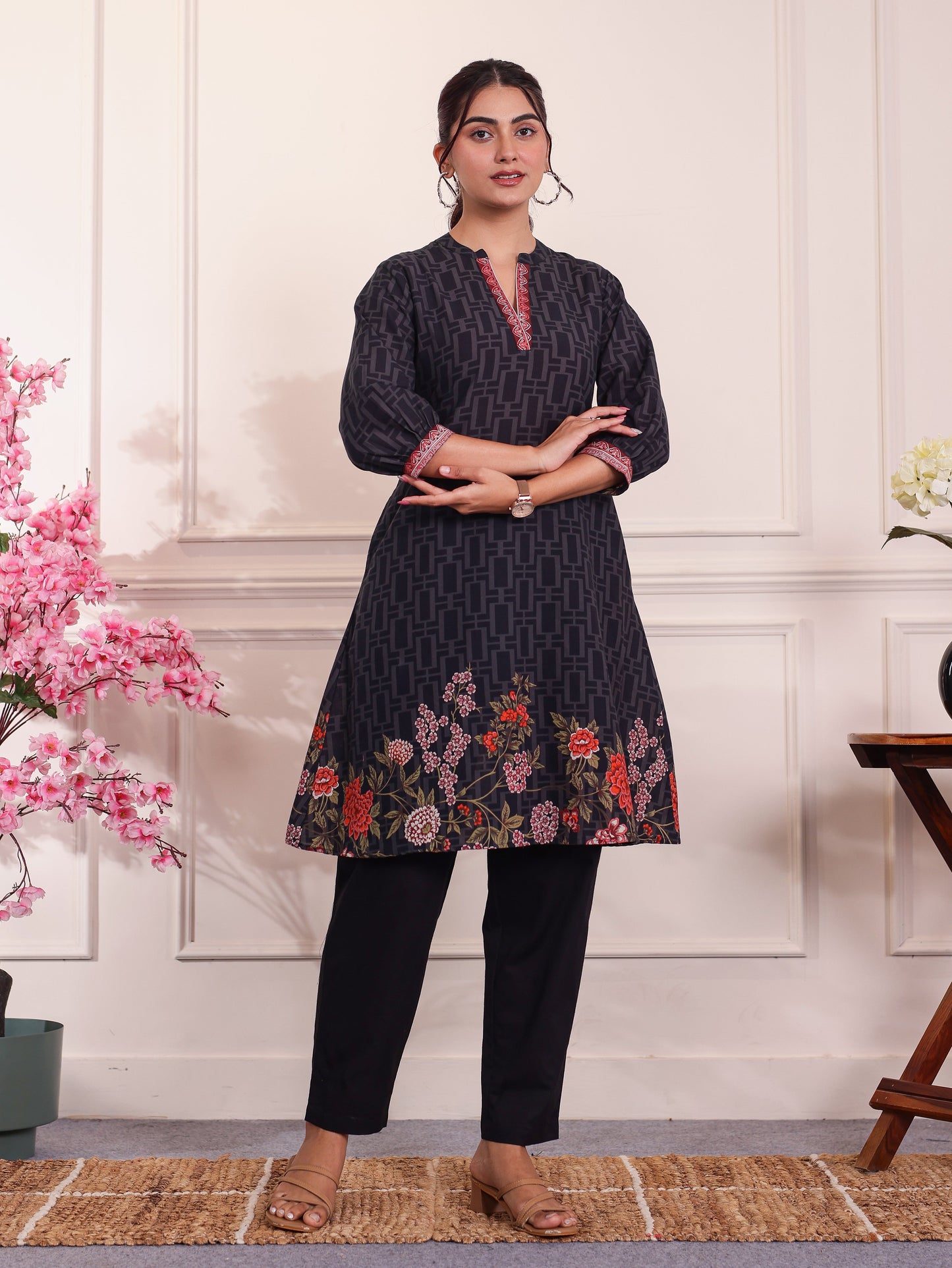Soft Cotton Placement Print A-line Black Kurta