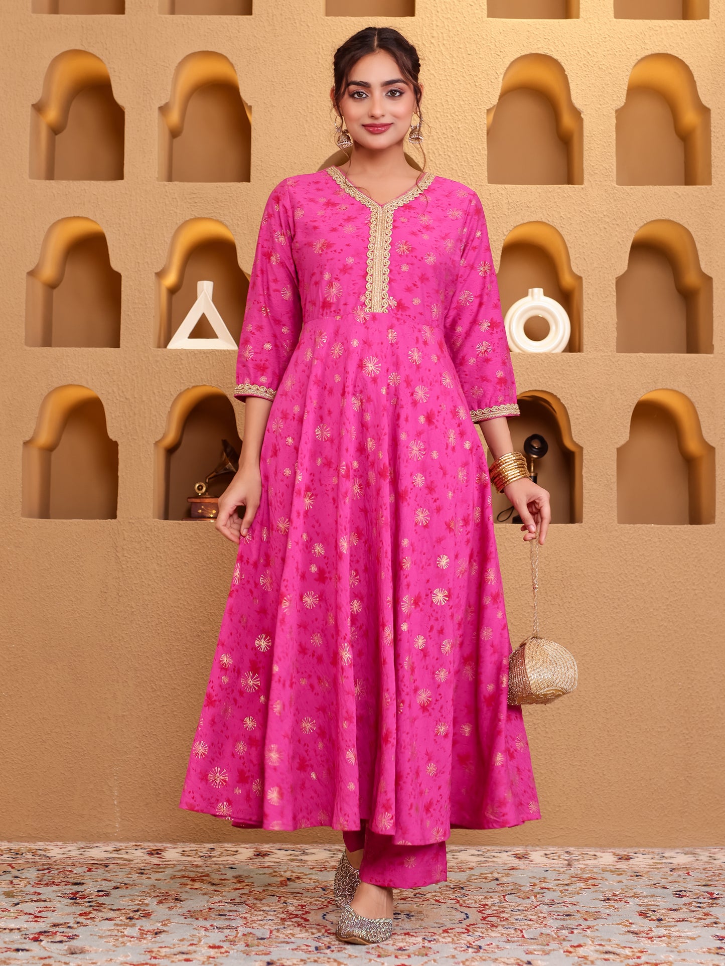 Viscose Gold foil Anarkali Pink Kurta
