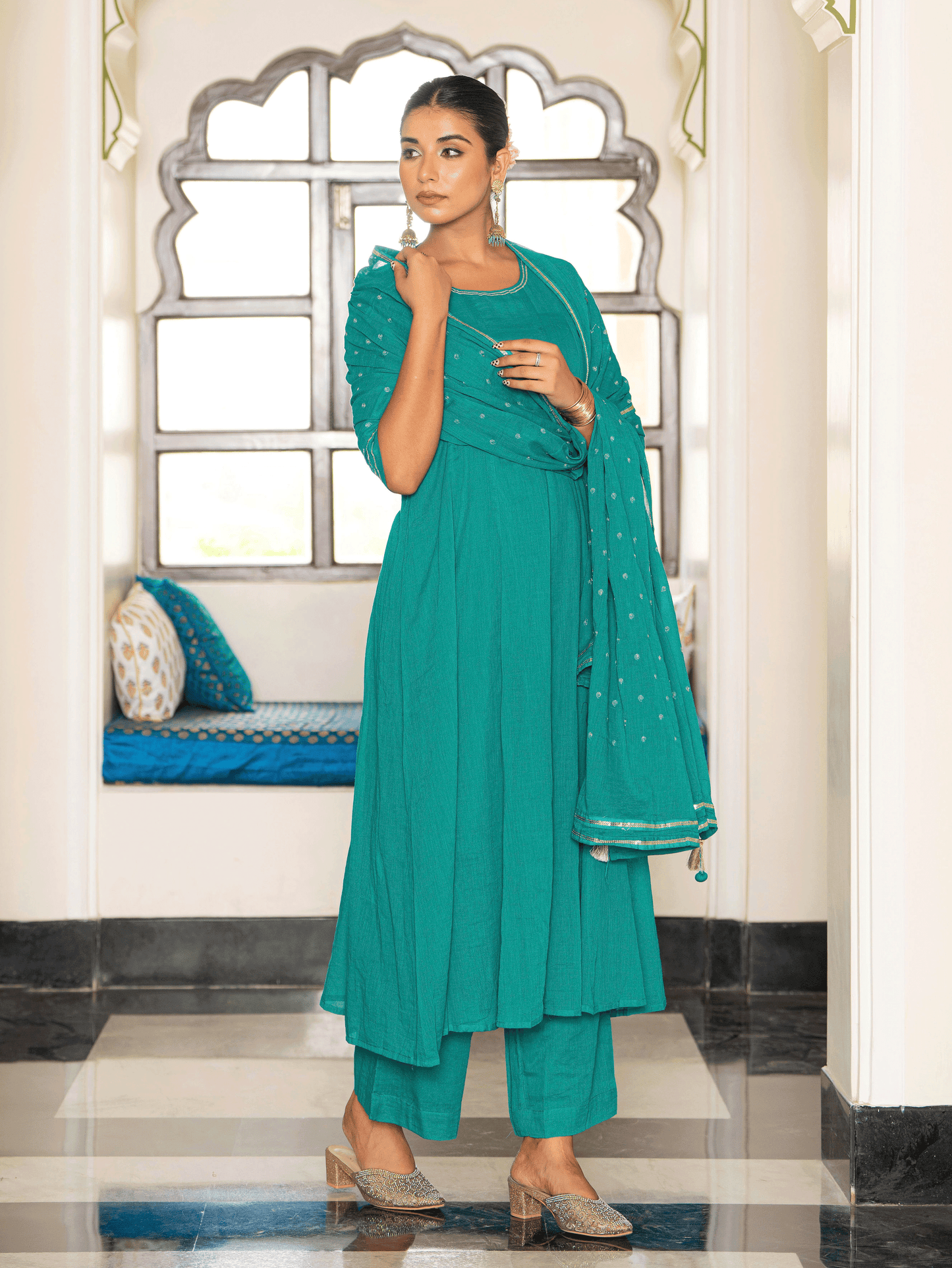 Embroidered Cotton Voile Solid Anarkali Teal Kurta