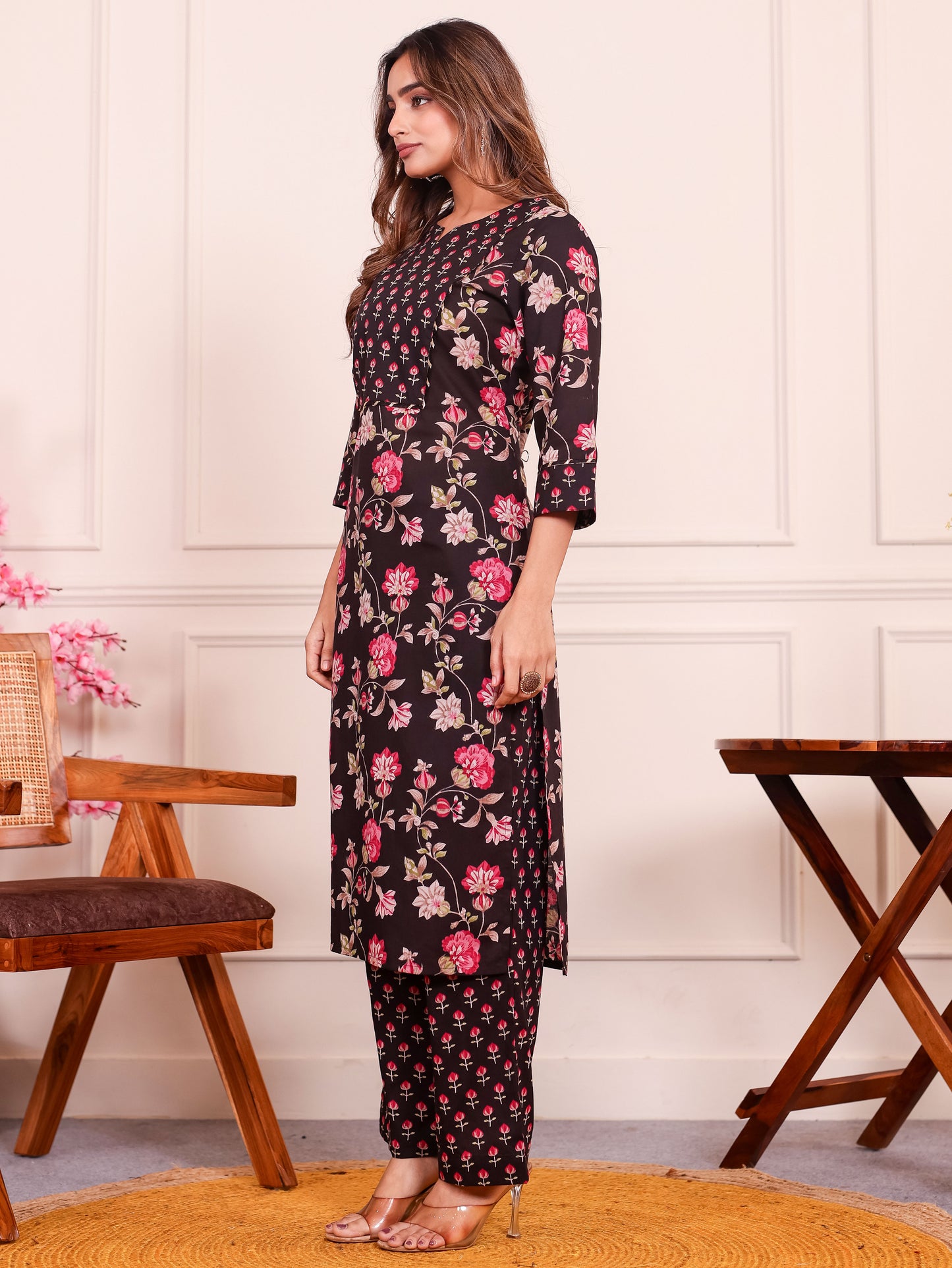Embroidered Soft Cotton Floral Straight Black Kurta