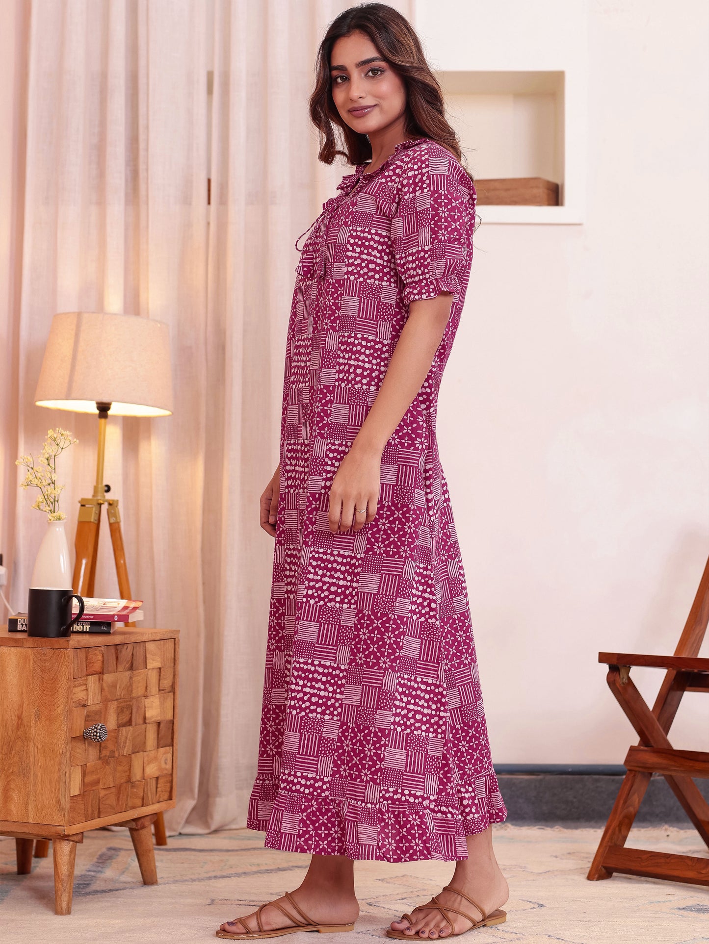 Soft Cotton Patchwork Flared Pink Nighty