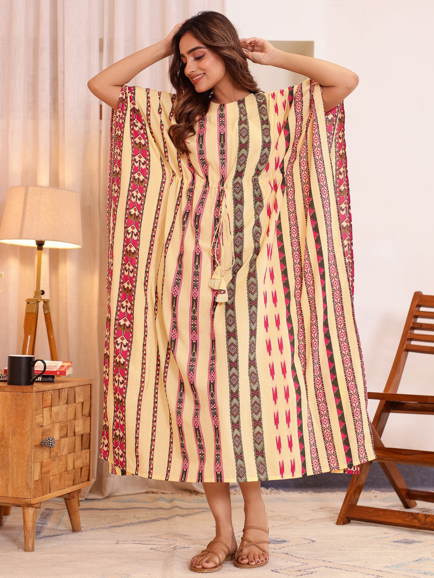 Soft Cotton Border print Kaftan Beige Nighty