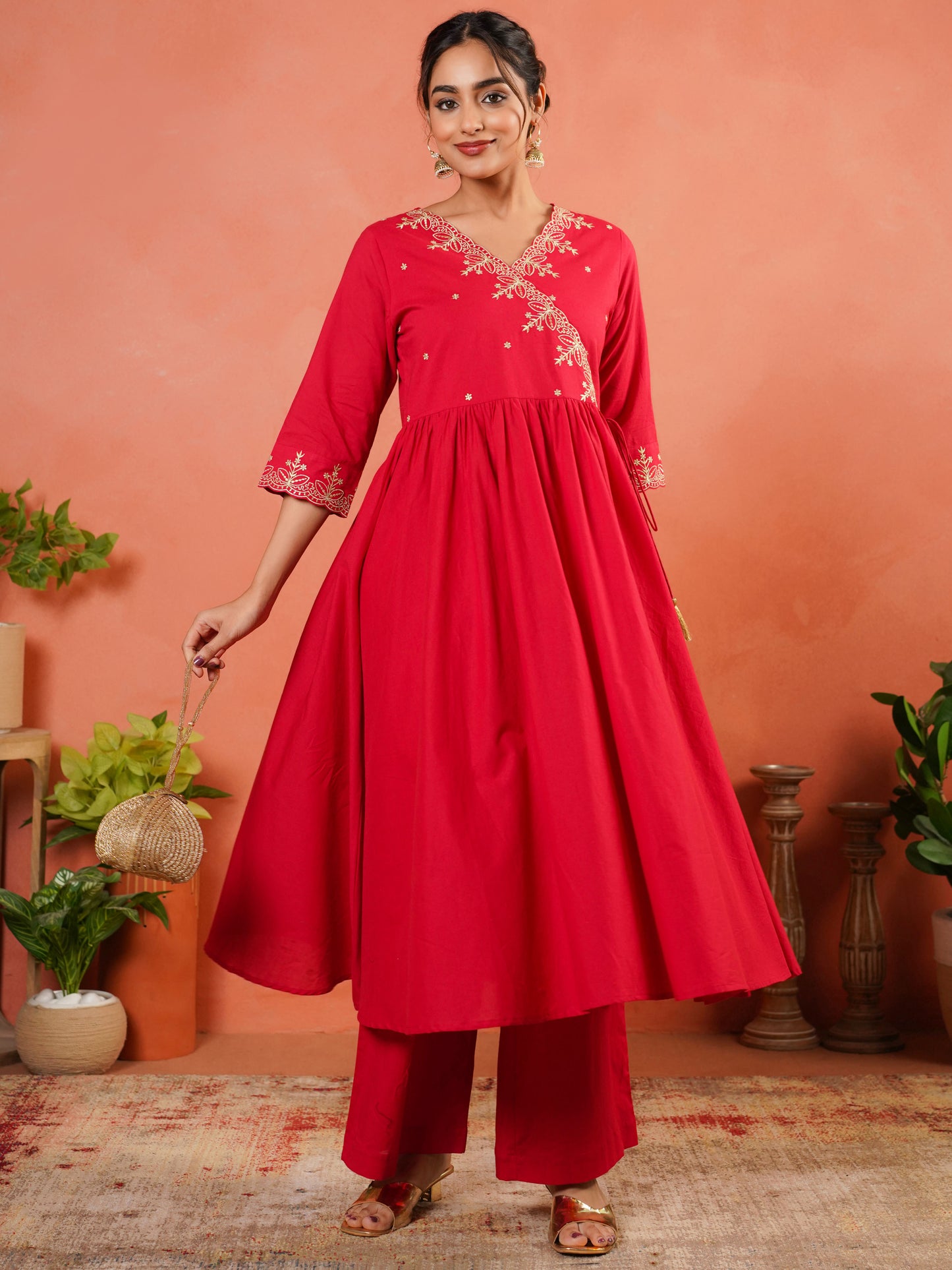 Embroidered Soft Cotton Solid Angrakha Red Kurta