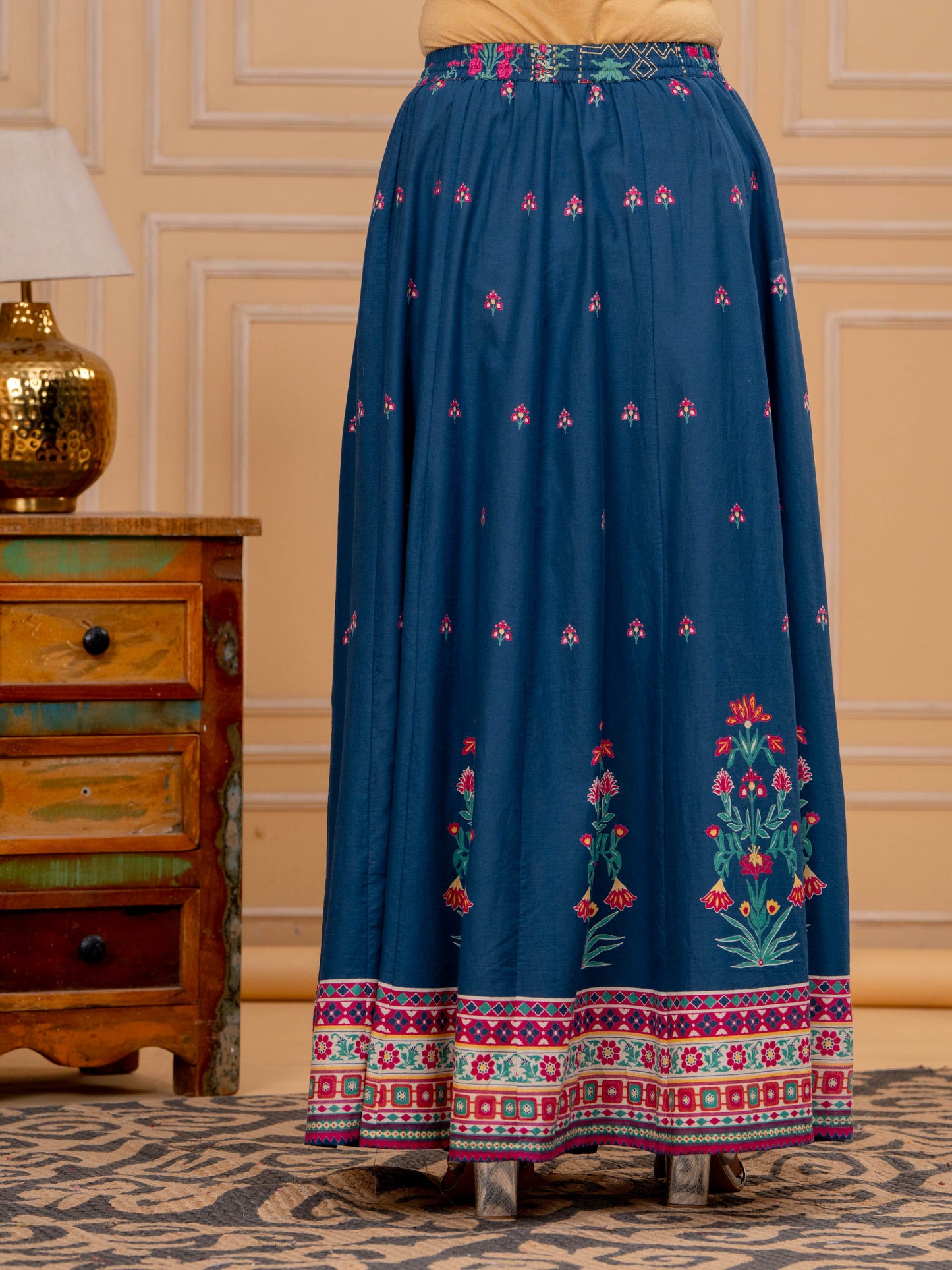 Soft Cotton Placement Print Blue Skirt