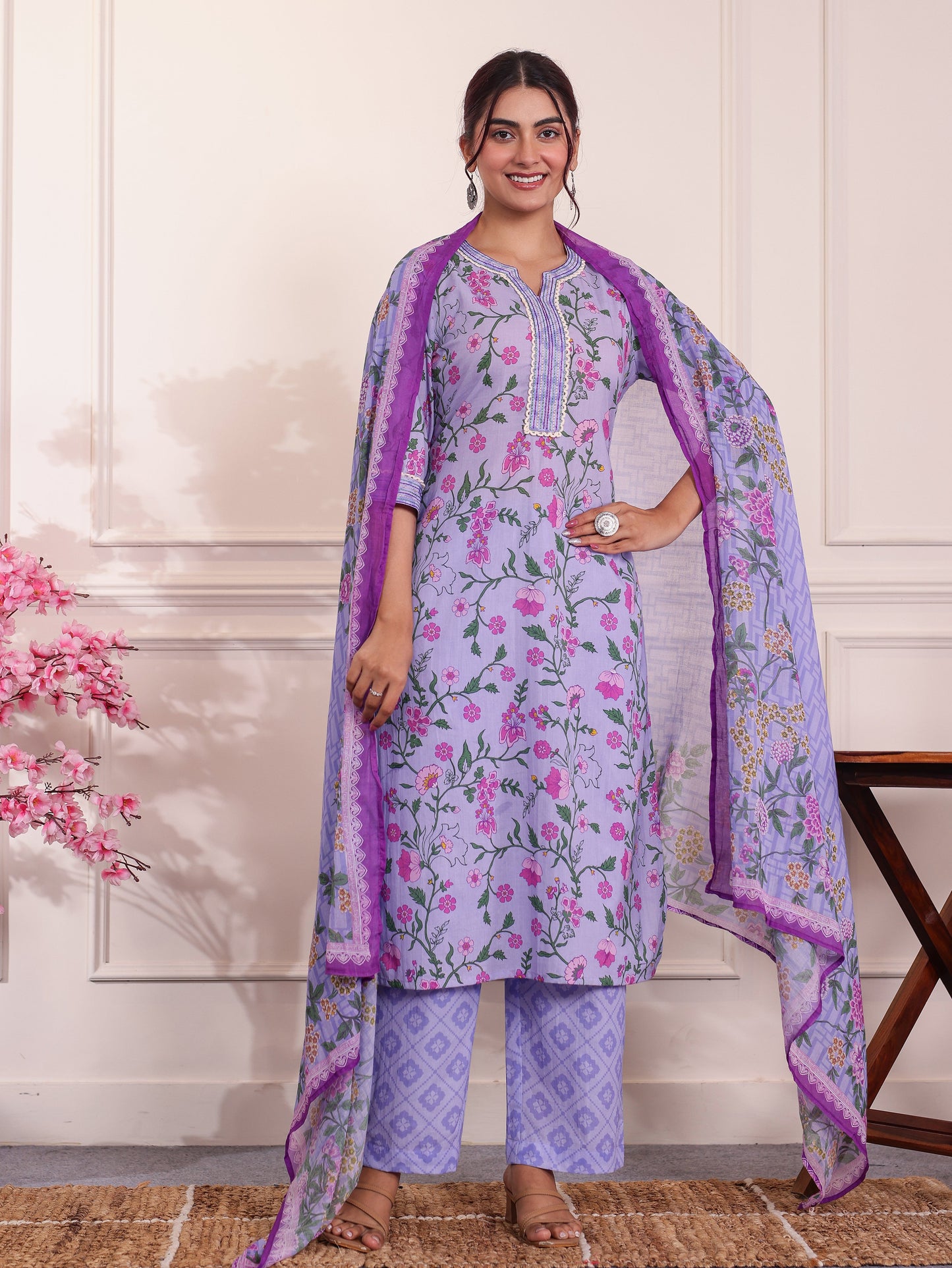Cotton Voile Floral Purple Dupatta