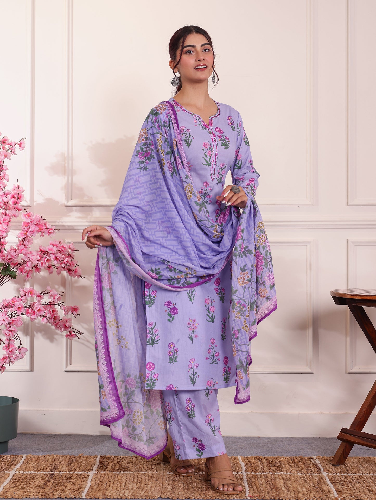 Cotton Voile Placement Print Lavender Dupatta