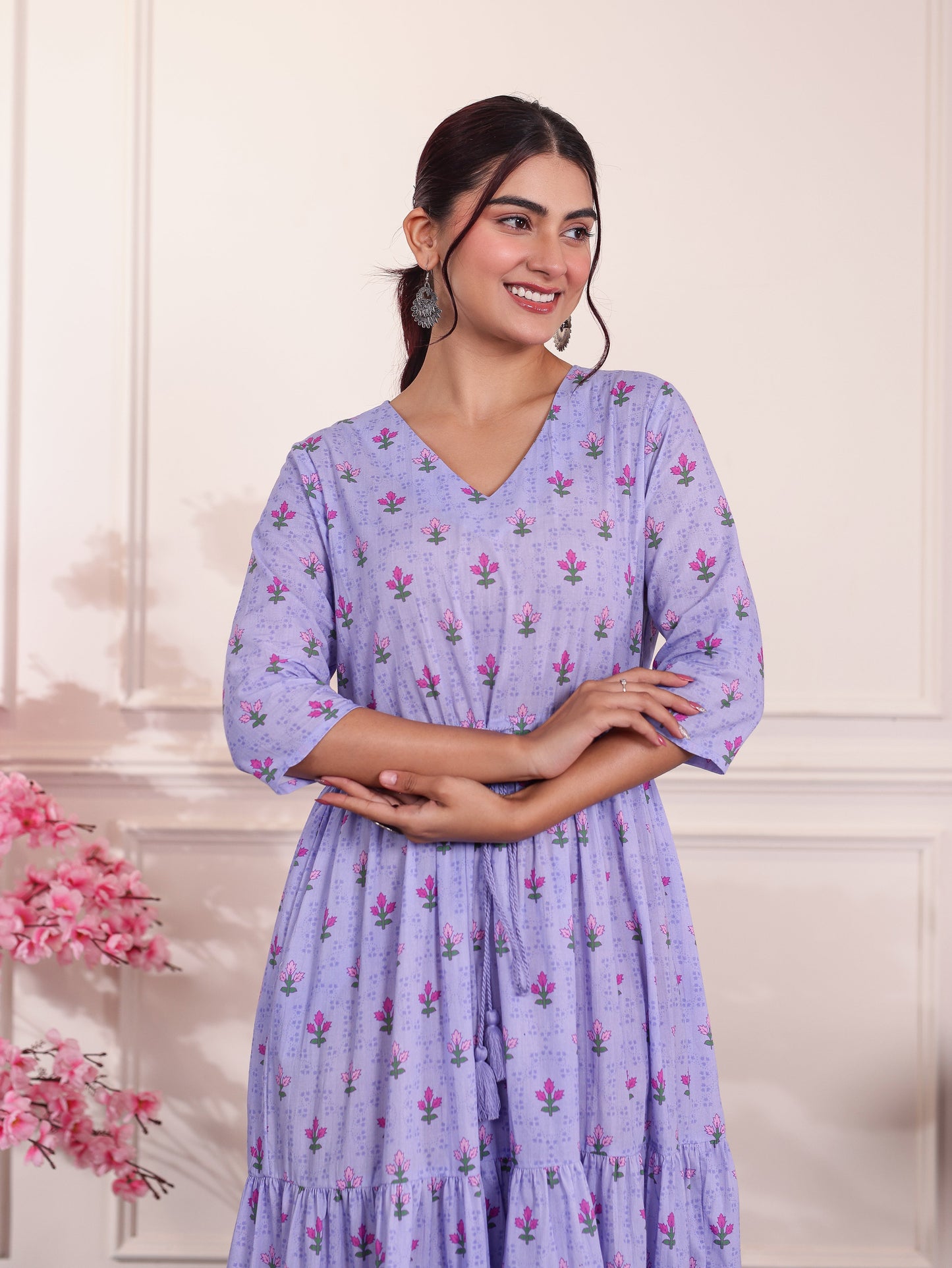 Soft Cotton Floral Anarkali Violet Dress