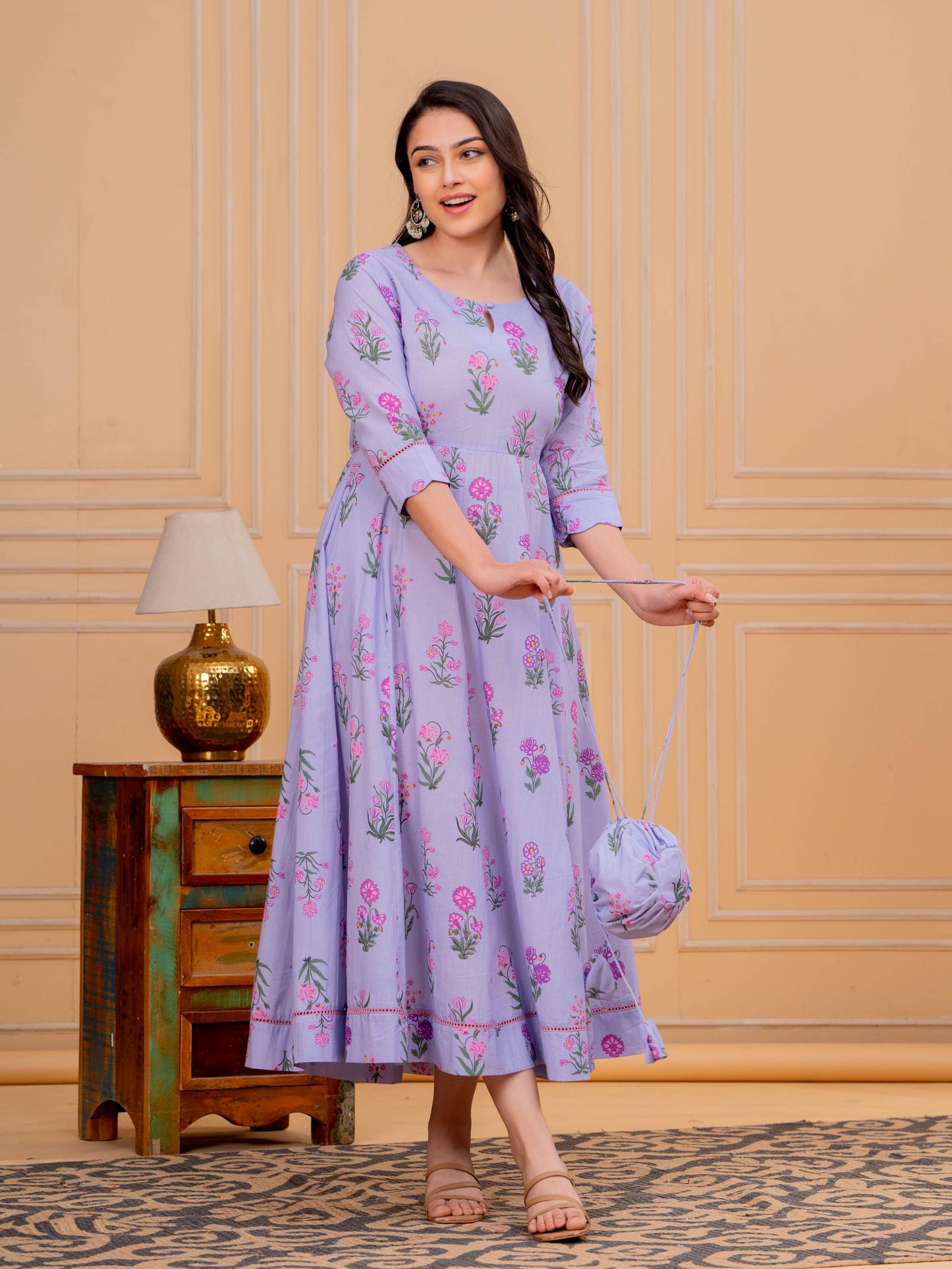 Soft Cotton Floral Anarkali Violet Dress