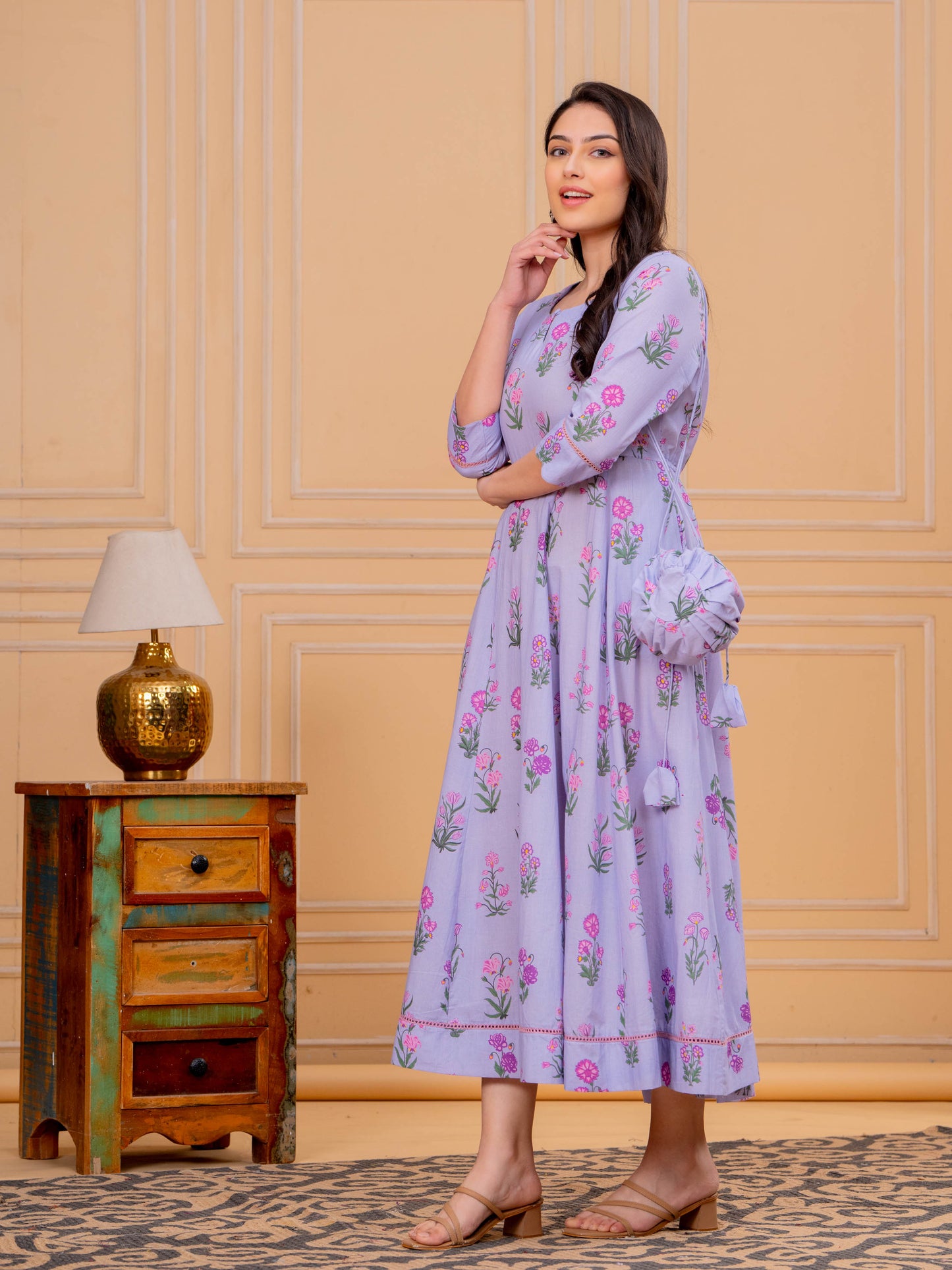 Soft Cotton Floral Anarkali Violet Dress