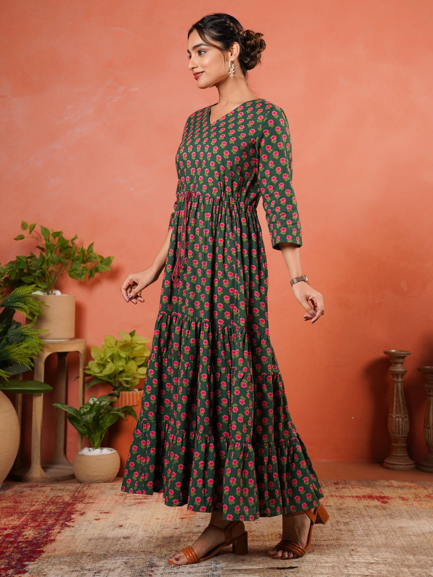 Soft Cotton Floral Anarkali Green Dress