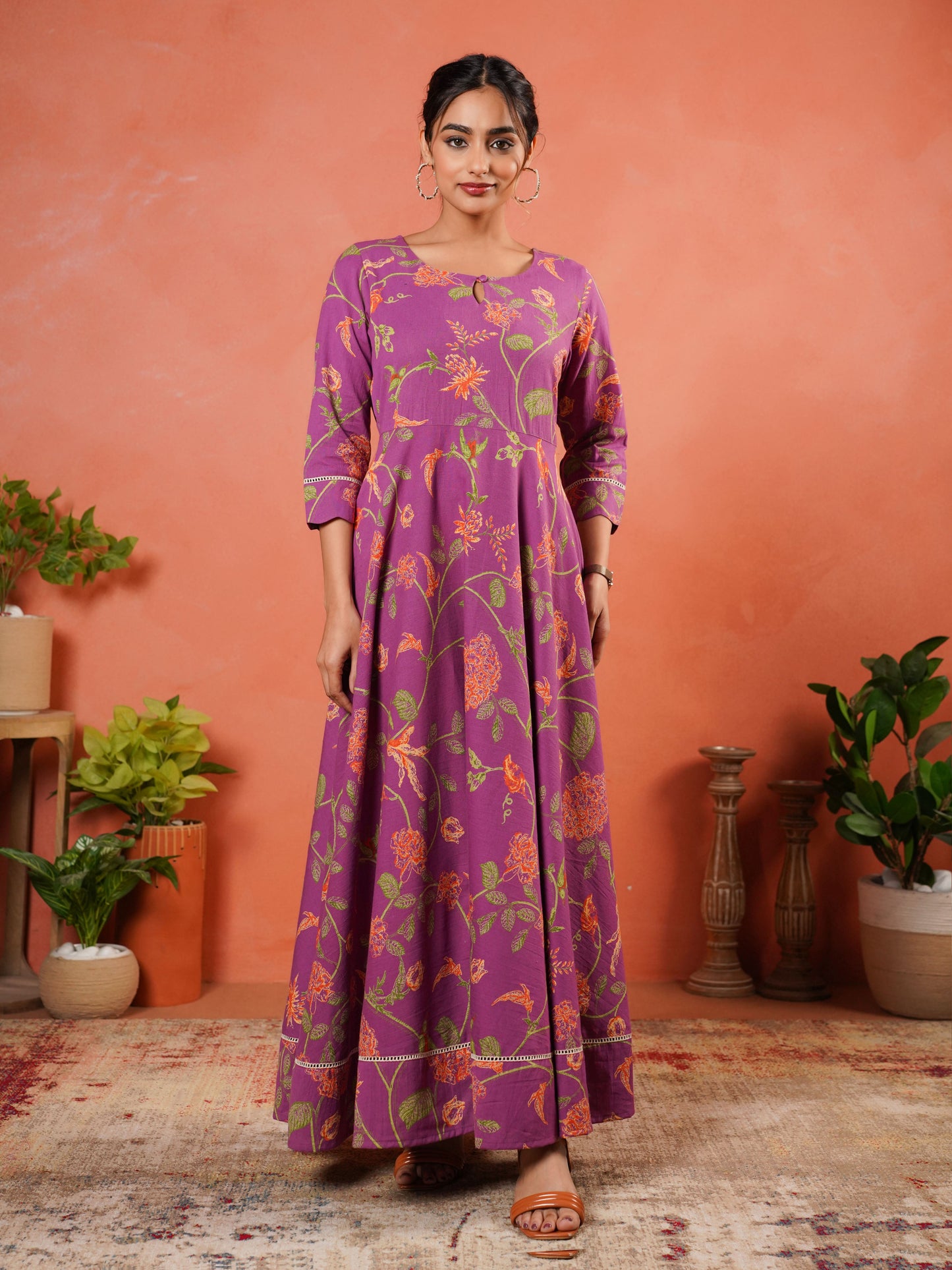 Linen Cotton Floral Anarkali Purple Dress