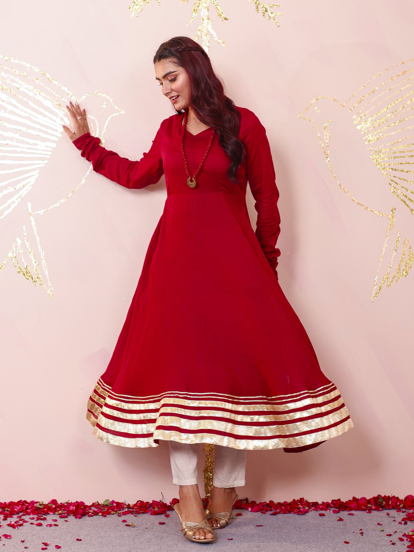 Cotton Voile Solid Anarkali Maroon Kurta (With Necklace)